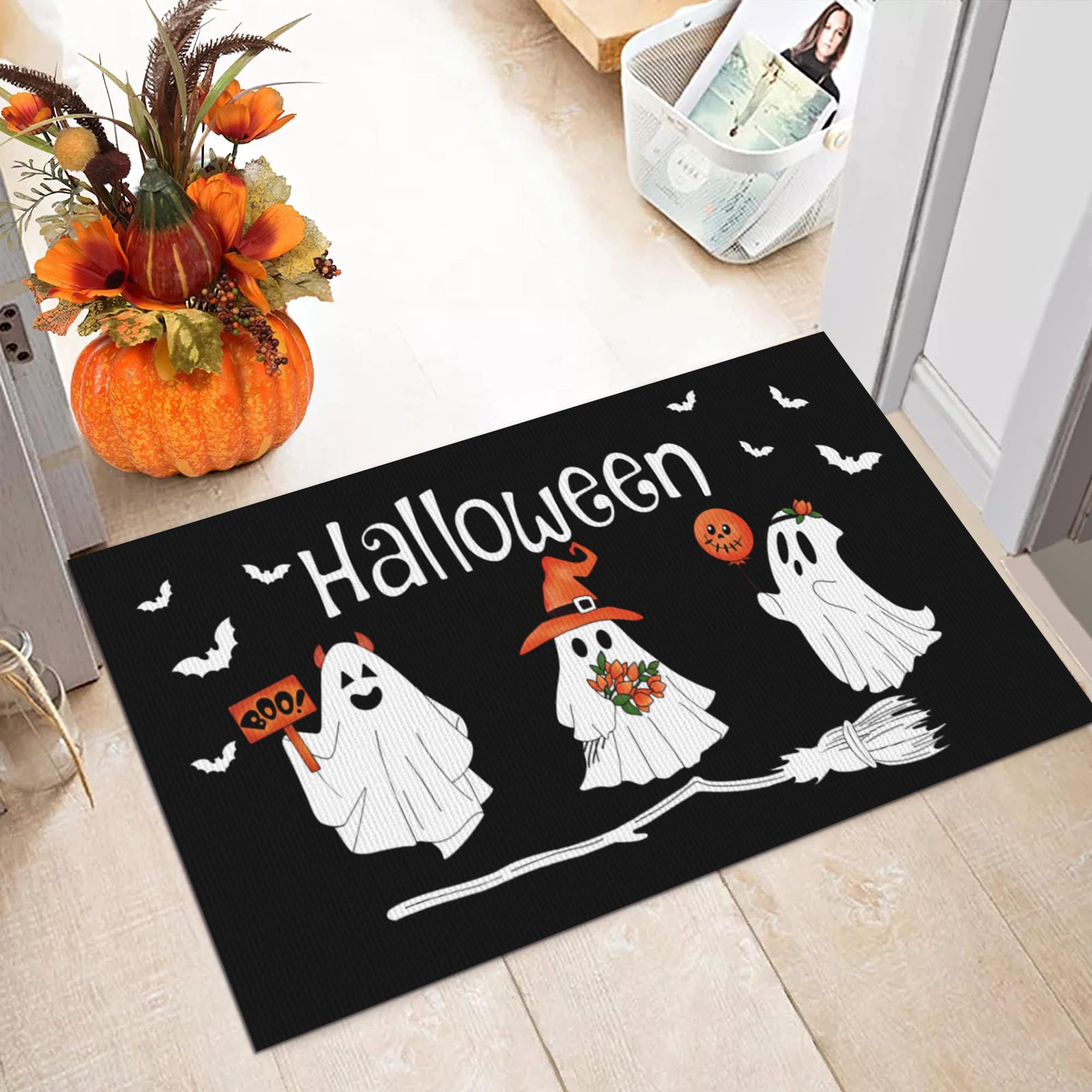 KIYIYZER Halloween Door Mat Cute Ghost Front Door Entrance Mat Vintage Rustic Yard Non Slip Porch Home Decoration Indoor Outdoor 17 X 29 Inch