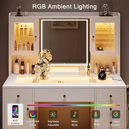 Vista 5 de Escritorio de tocador de maquillaje con espejo y luces LED, mesa de tocador grande con parte superior de cristal con 7 cajones y 3 gabinetes