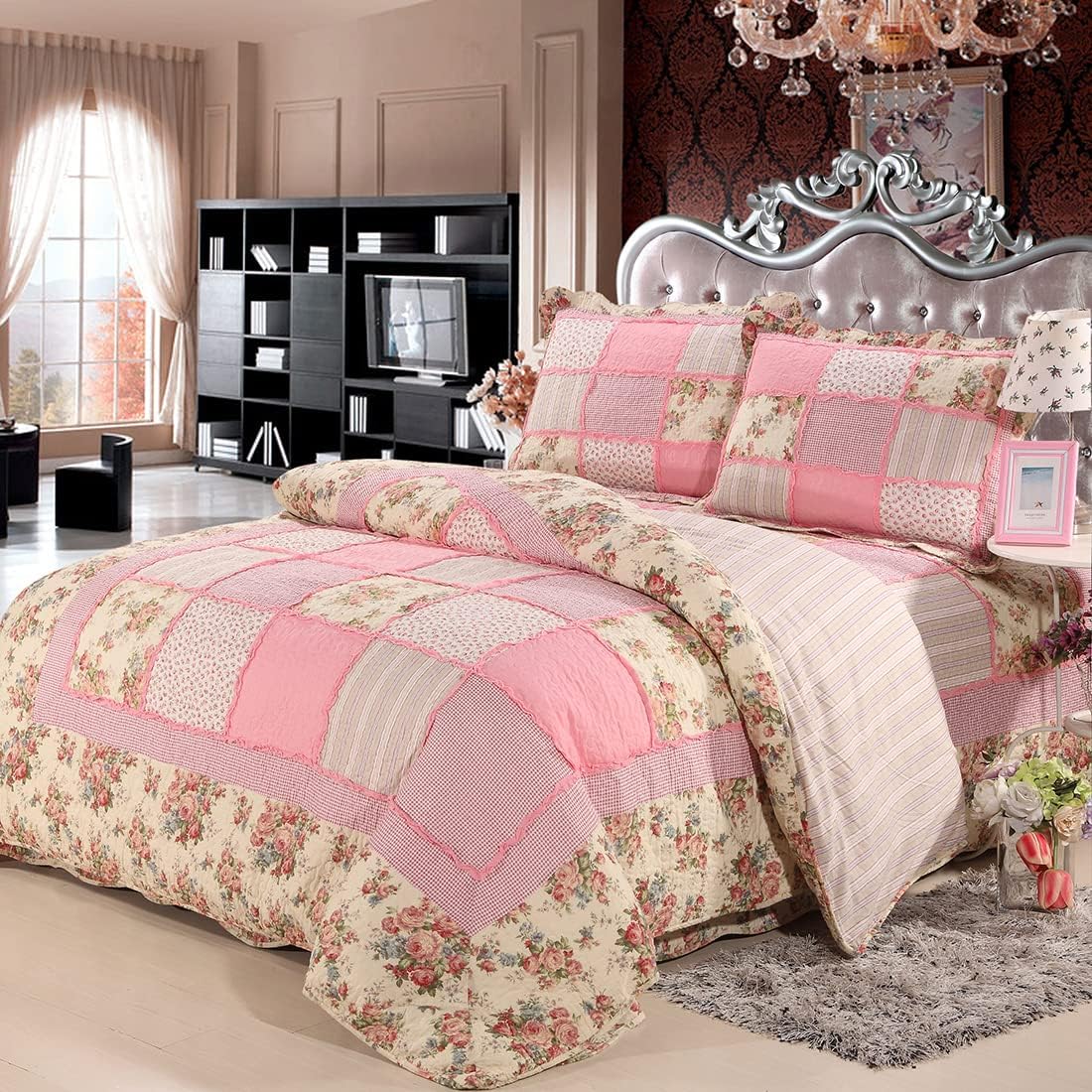 vctops 3 Piece Patchwork Floral Quilted Bedspread Quilt Set 100% Cotton Boho Ruffles Reversible Coverlet Set 1 Quilt and 2 Pillow Shams (Pink,Queen)