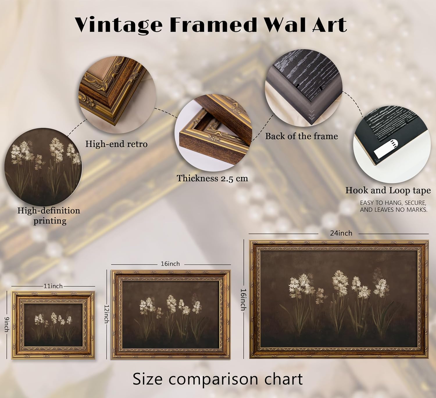 DNEJZKI Vintage Gold Frame Hyacinth Wall Art Rustic Farmhouse Flower Botanical Wall Decor Retro Floral Landscape Painting Picture Cottagecore Plant Canvas Prints for Living Room Bedroom Office Deco