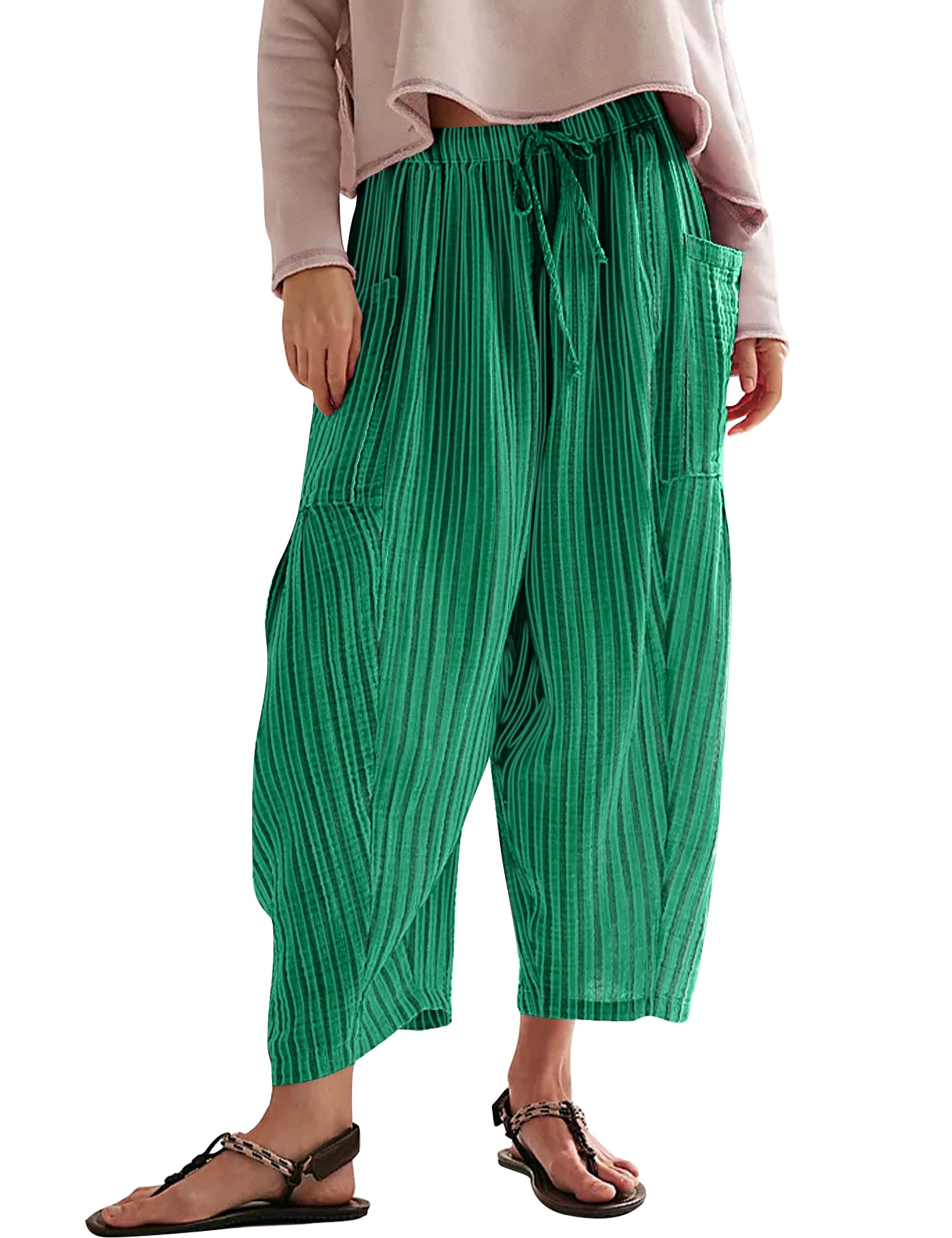 Women Summer Striped Harem Pants Casual Baggy Wide Leg Tapered Trousers Drawstring Waist Palazzo Pants with Pockets Green