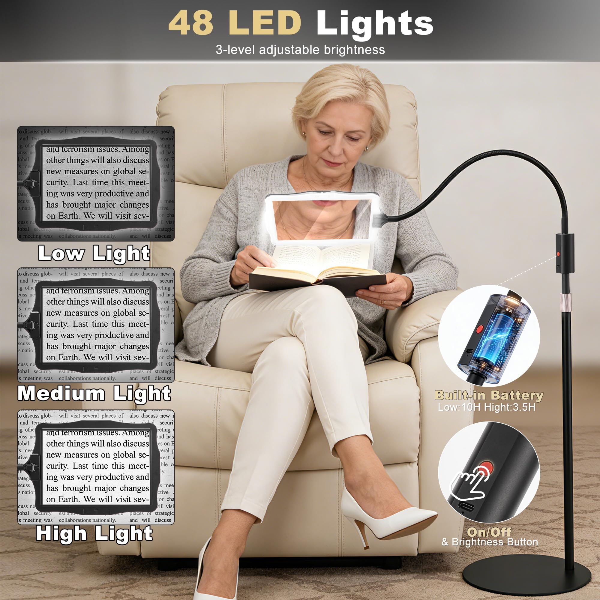 Lupa de pie 5X con luz, lámpara de aumento rectangular con luz y soporte, 45 LED, lámpara de escritorio de 3 niveles de brillo, pasatiempos de personas mayores para leer, manualidades, costura