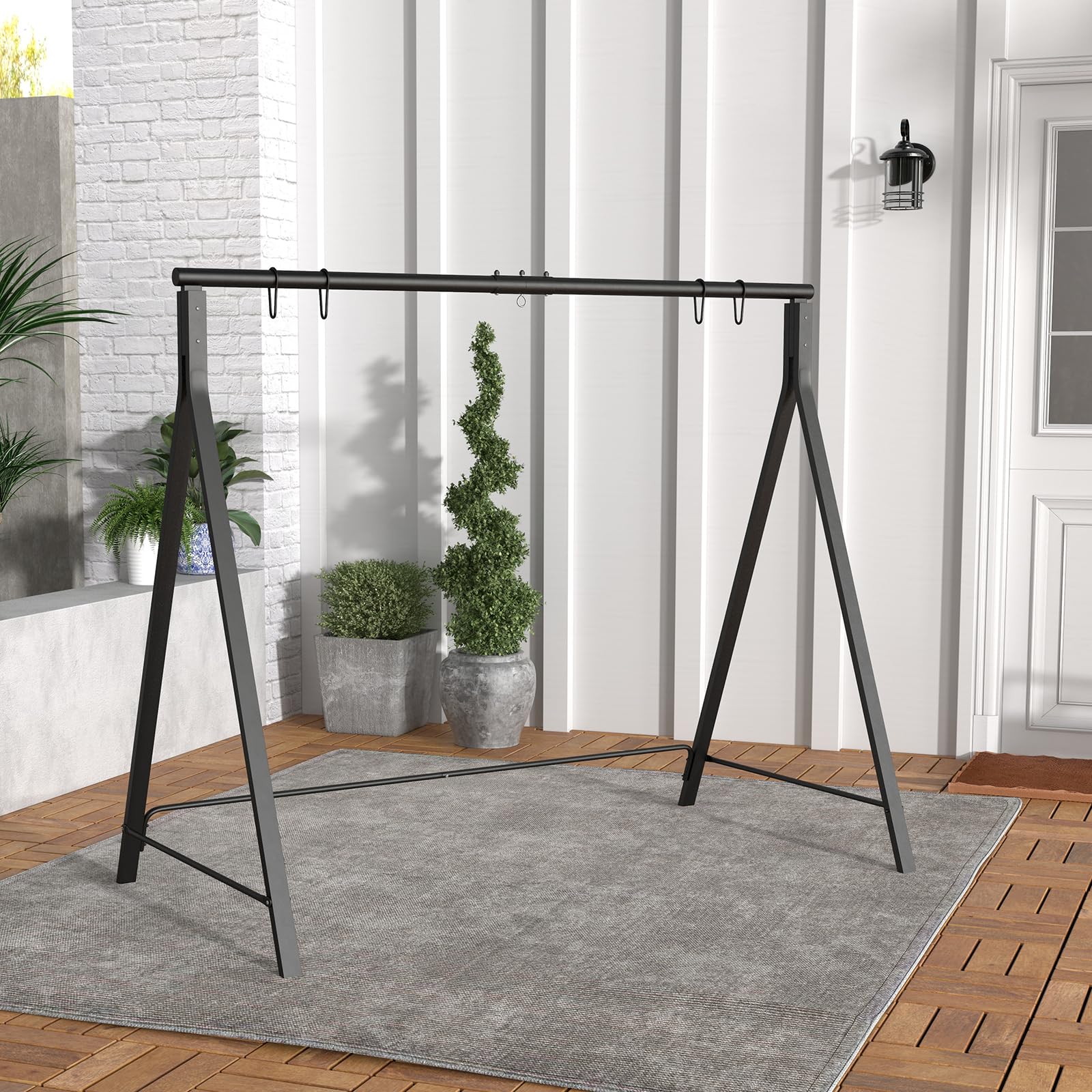 KOMFOTTEU Struttura per altalena, struttura per altalena Hollywood, altalena da giardino, telaio in metallo a forma di A, supporto per altalena con 5 anelli di sospensione, 210 x 115 x 175 cm