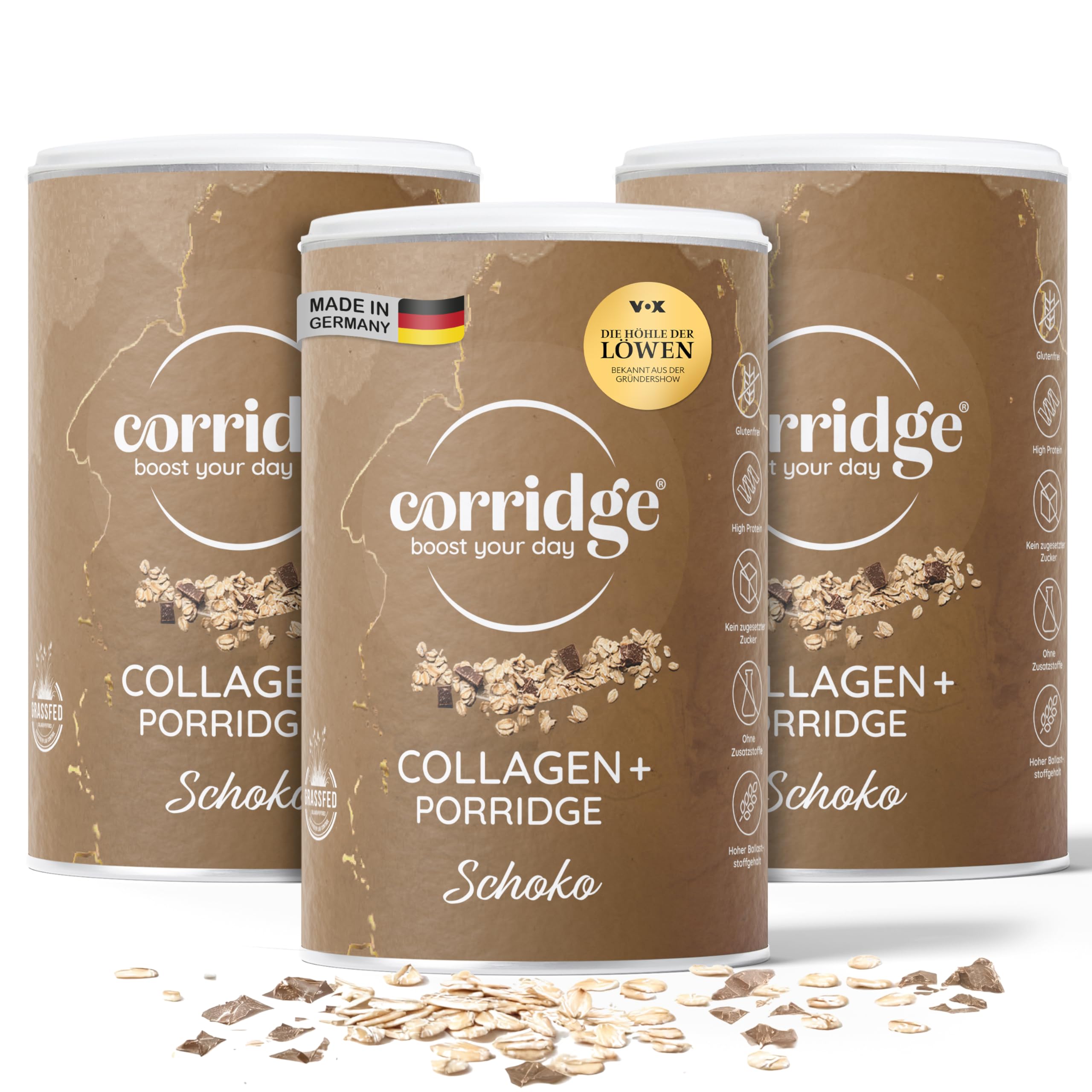 Corridge - 3x High Protein Porridge mit Kollagen & Schokogeschmack 420g - Proteinreiches Frühstück - Haferflocken Glutenfrei, Laktosefrei & ohne Zuckerzusatz - Collagen Typ 1 & 3 Haut, Haare, Nägel