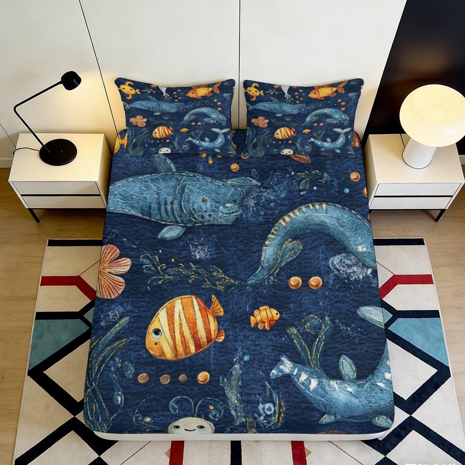 3D Printed ocean pattern Fitted Sheet, soft touch Microfiber, stylish bedroom decor, wrinkle resistant, apartment bedding, protects mattress 160x200x25cm