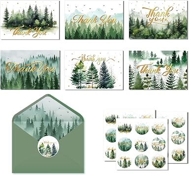 24 Pack Blank Cards with Envelopes Woodland Thank You Christian Greeting Cards Green Retro 4x6 Inches Watercolor Forest Stationary Set with Stickers Note Cards for Wedding Easter Supplies