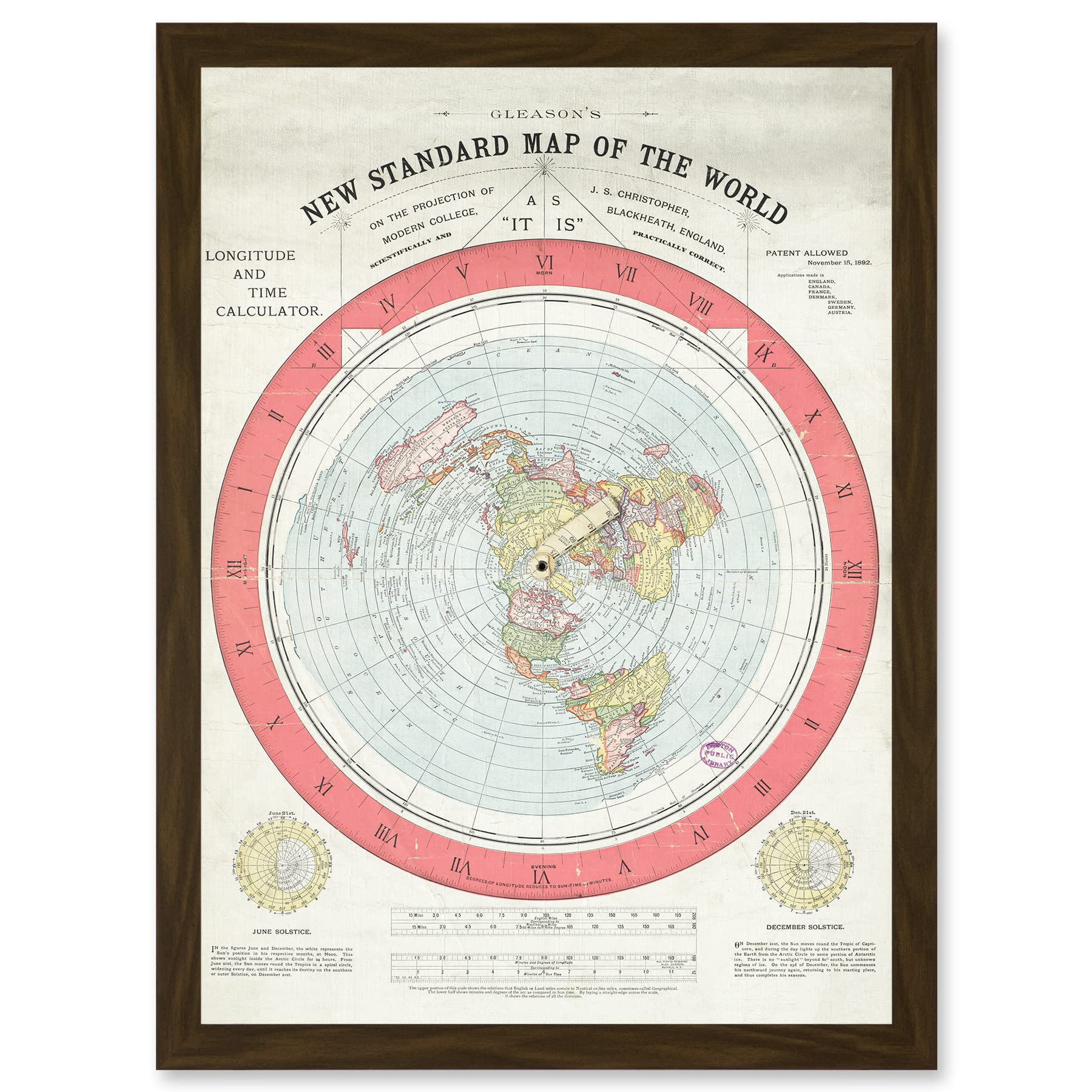 Artery8 1892 World Time Calculator Flat Earth Map Gleason Artwork Framed A3 Wall Art Print