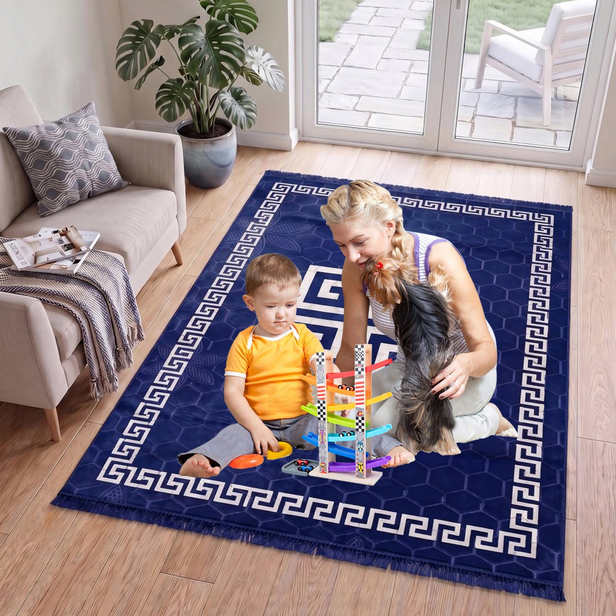 Lions Greek Rugs Living Room - 160x230cm - Extra Large Anti Slip Modern Floor Carpet, Area Rugs for Bedroom Kitchen, 100% Polyester, Navy Blue