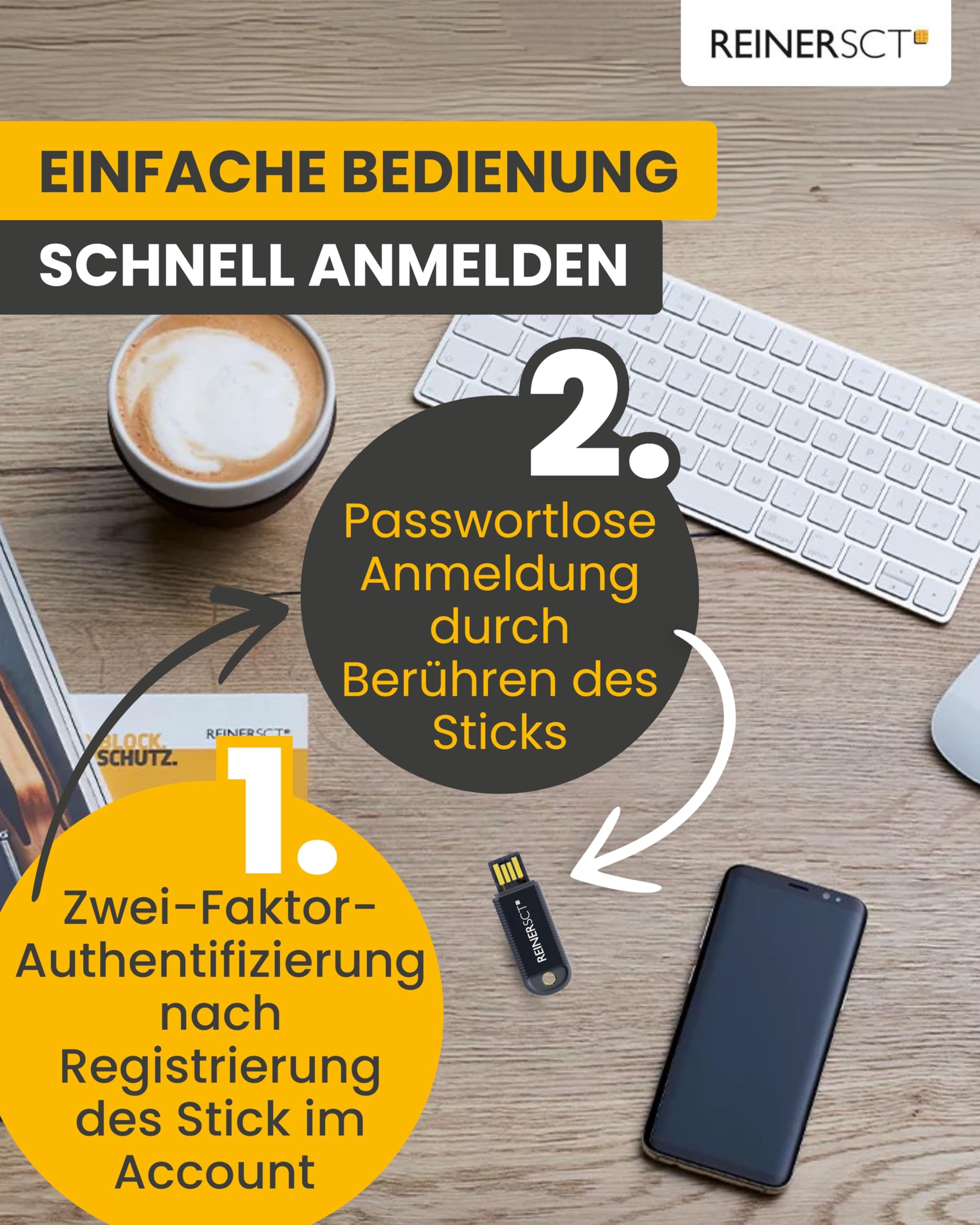 REINER SCT FIDO Stick Pro USB-A | Für FIDO2- und U2F-kompatible Dienste | Sicherheitsschlüssel für schnelle und unkomplizierte Zwei-Faktor-Authentisierung