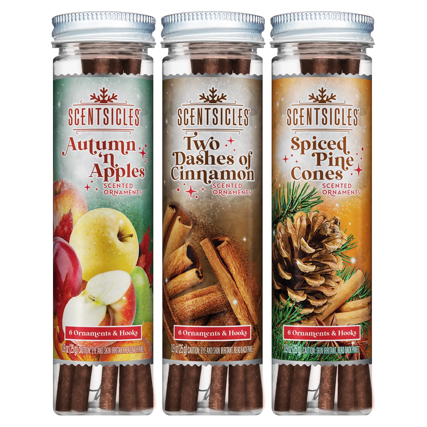 Scentsicles Autumn n Apples, Two Dashes of Cinnamon and Spiced Pine Cones Scented Ornaments Fall Three Pack with Hooks (3 Bottles with 6 Sticks Each)