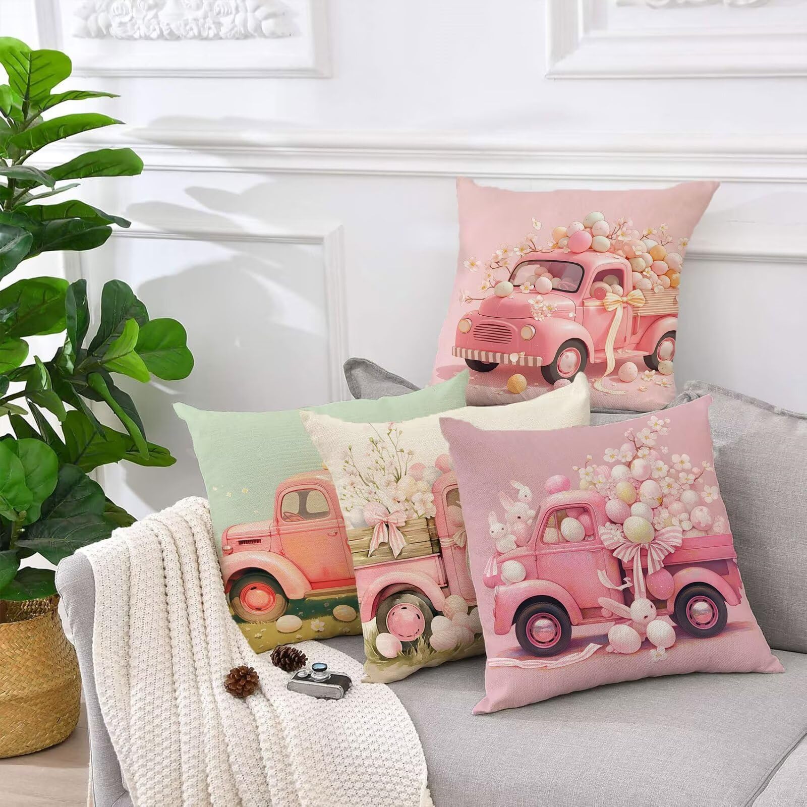 Outdoor Kissen Rosa Kissenbezug 60x60 cm 4er Set Balkon Dekokissen Ländlich Outdoor Kissenhülle Wasserdichte Samt Doppelseitiger Gedruckte Sofakissen Garten Balkon Zierpolster OutdoorDeko,Gift z-611