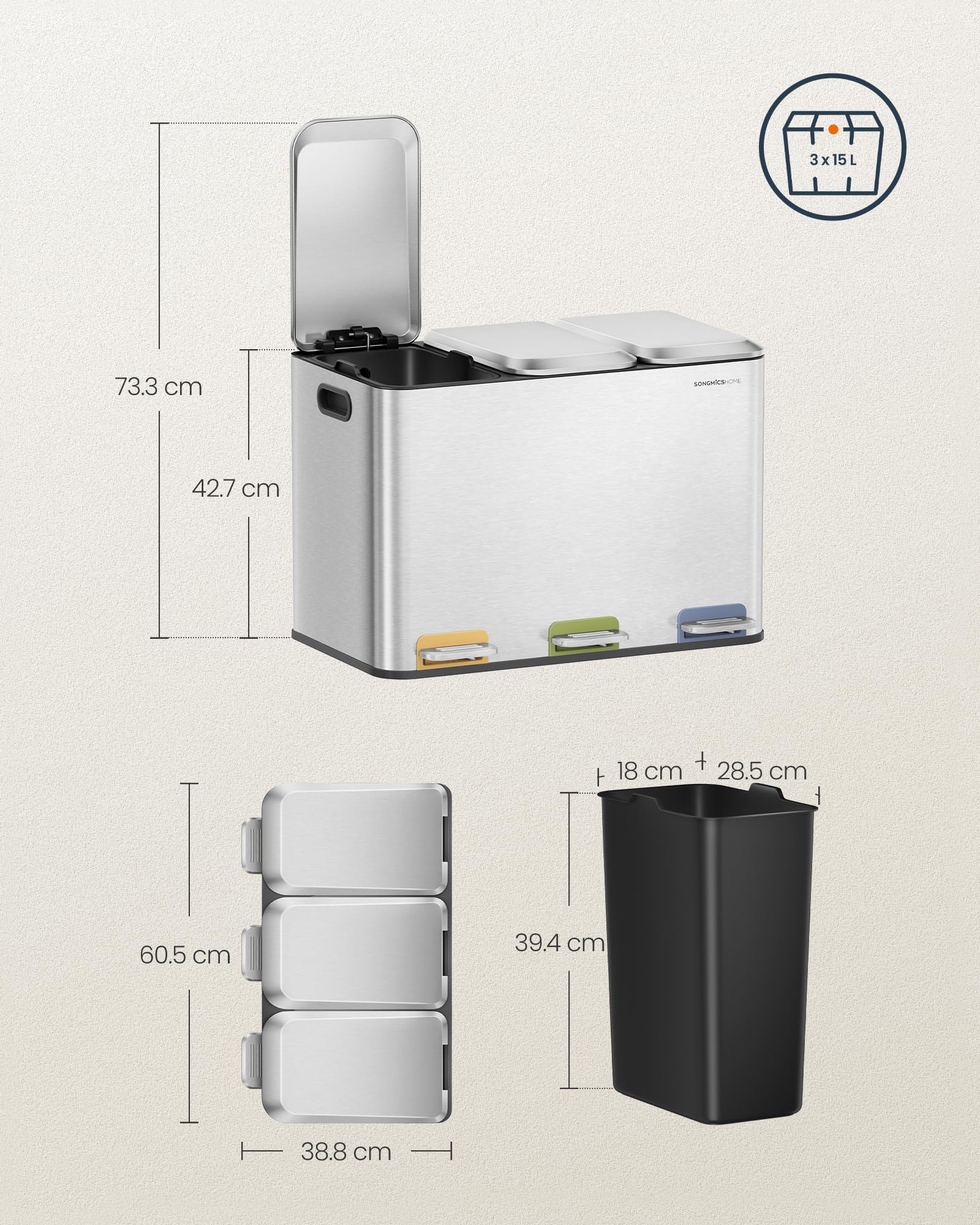 Amazon.co.jp: SONGMICS ゴミ箱 分別 3連 3x15L 横型ダストボックス 蓋