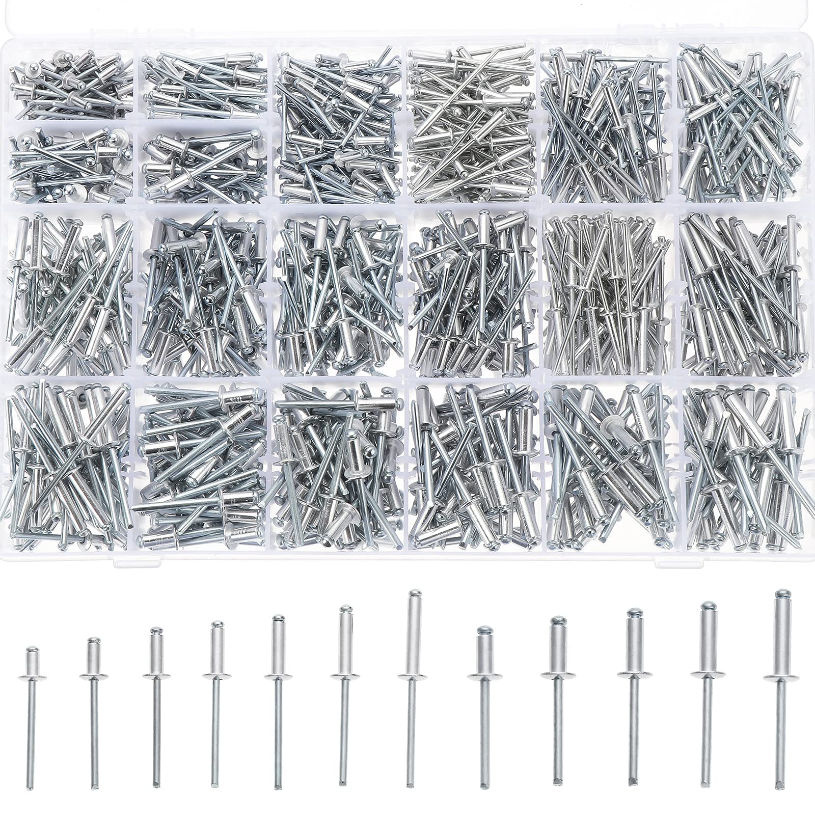 Gueenky 1110 Stück Aluminium Nieten 3,2/4/4,8 mm, 20 Größen Blindnieten Set Popnieten Sortiment mit Aufbewahrungsbox für Metall Holz Kunststoff