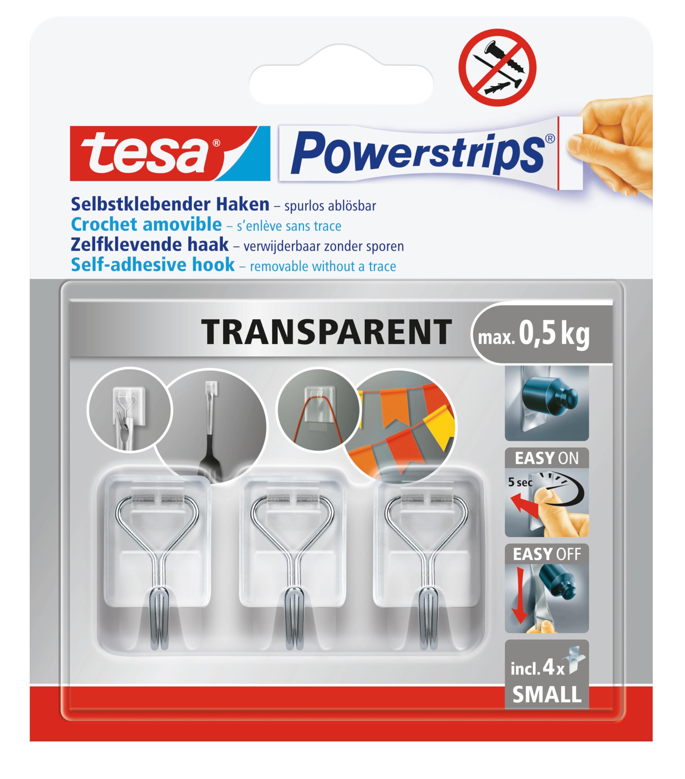 tesa Powerstrips Self-Adhesive Hook Small - Wall Hooks with Removable Wire Hook - Reusable for Bathroom or Kitchen - Drill-Free Mounting - Transparent - 3 x Hooks, 4 x Powerstrips