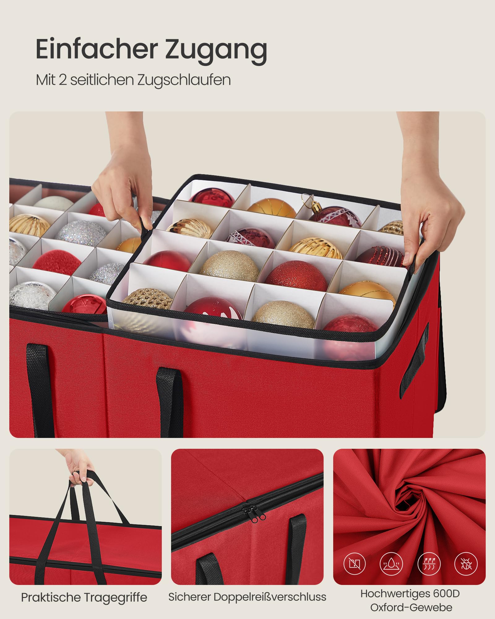 SONGMICS Aufbewahrungsbox für Weihnachtskugeln, mit Deckel, 8 Tabletts | Weihnachtskugeln Aufbewahrung, Doppelreißverschluss, 600D Oxford-Gewebe, 128 Fächer je 7,6 cm, TYLA Kollektion RFB043R01