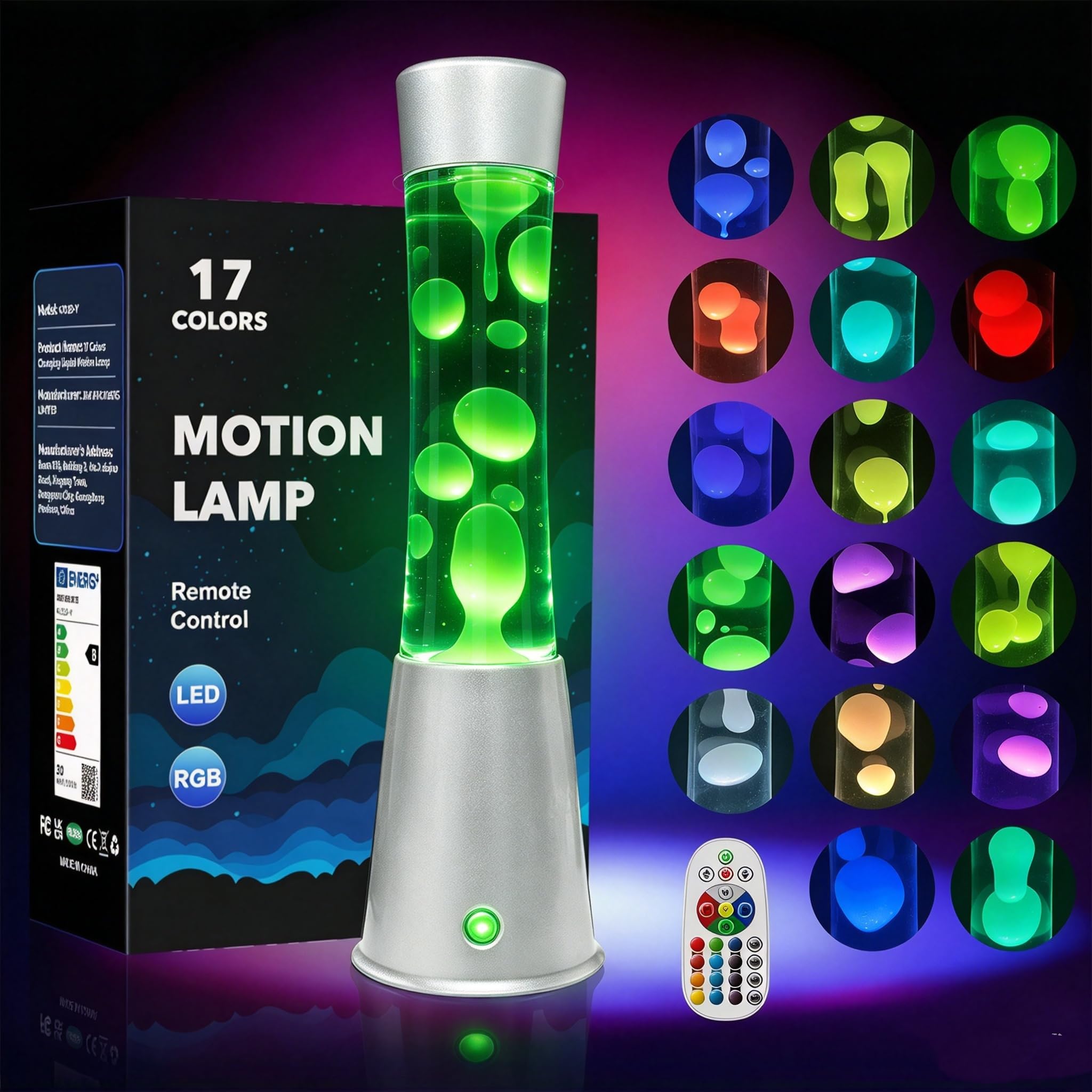 AONESY 17 Colour Changing Lava Lamp, Silver, Mood Lamp with Remote Control