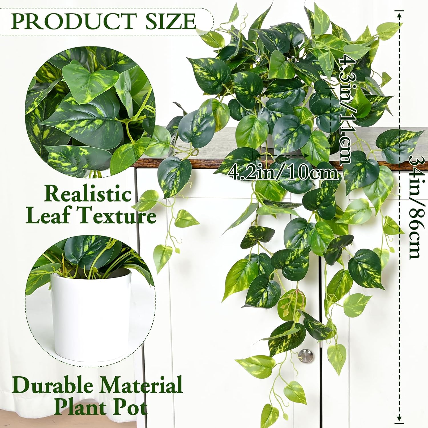 Waipfaru Fake Plants Artificial Plants Indoor, 2Pcs 34" Realistic Artificial Hanging Fake Pothos Vines Ivy Potted, Faux Pothos for Living Room Office Bedroom Bathroom Kitchen Shelves Indoor Home Decor