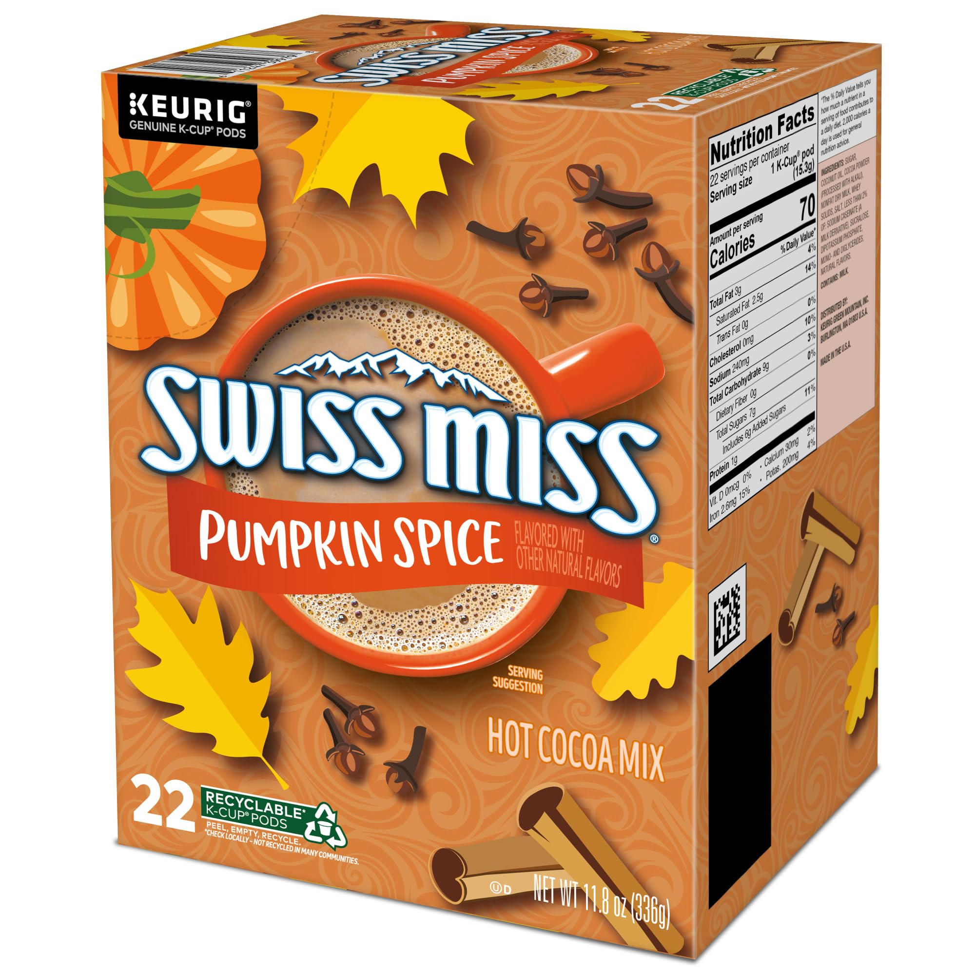 Swiss Miss® Pumpkin Spice Hot Cocoa, Single Serve Keurig® K-Cup® Pods, Hot Cocoa, 88 count (4 Packs of 22)