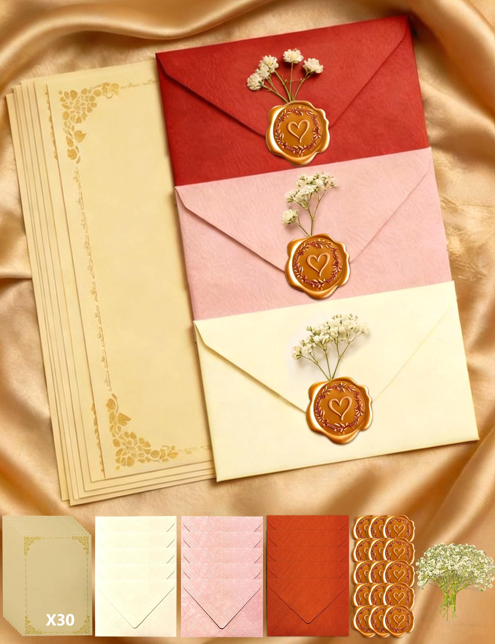 Set 75 Pezzi Carta da Lettere con Busta Pergamena Scrivere Buste Sigillo Ceralacca Oro Rosa Fiori Secchi Decorativi