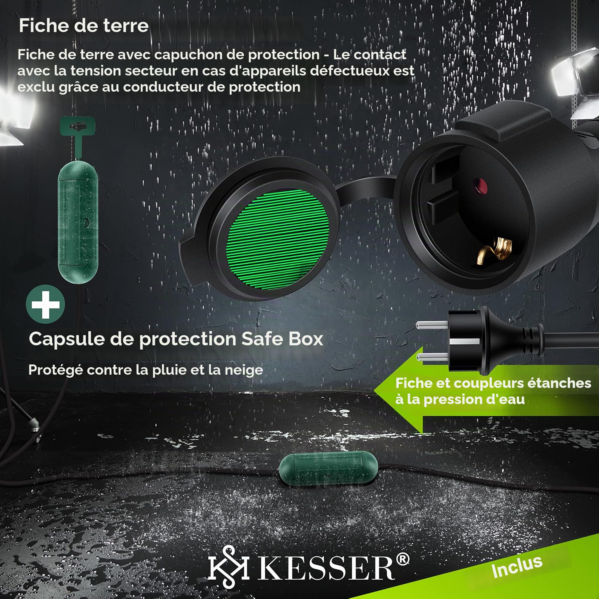 KESSER Rallonge 3 Prises 250 V IP44 40m Noir Câble électrique extérieur
