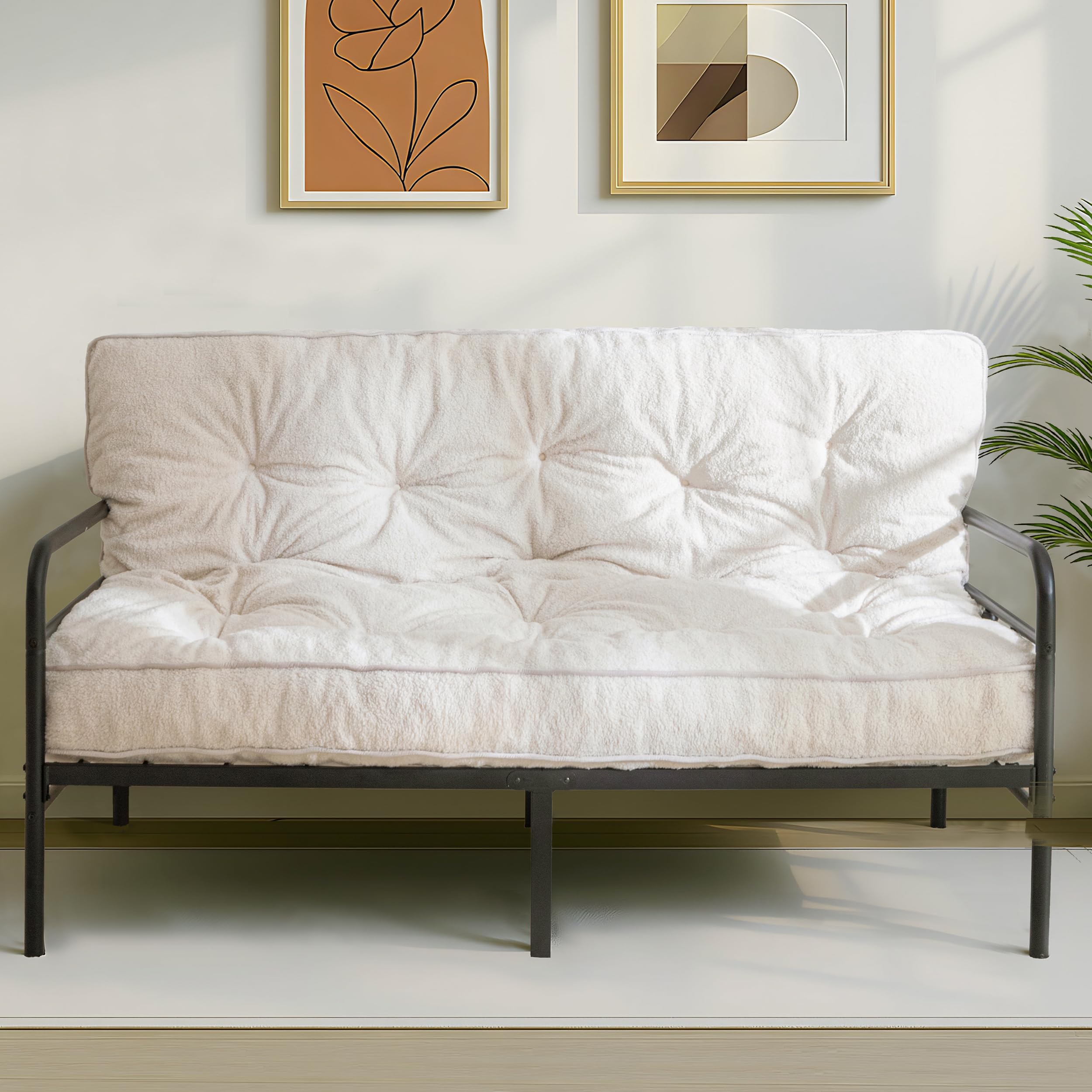 MAXYOYO 6" Futon Mattress Queen Size, Thick Boucle Futons Sofa Couch Bed Sleeper Sofa Bed Floor Mattress for Adults, Shredded Foam Filling (Frame Not Included), Beige