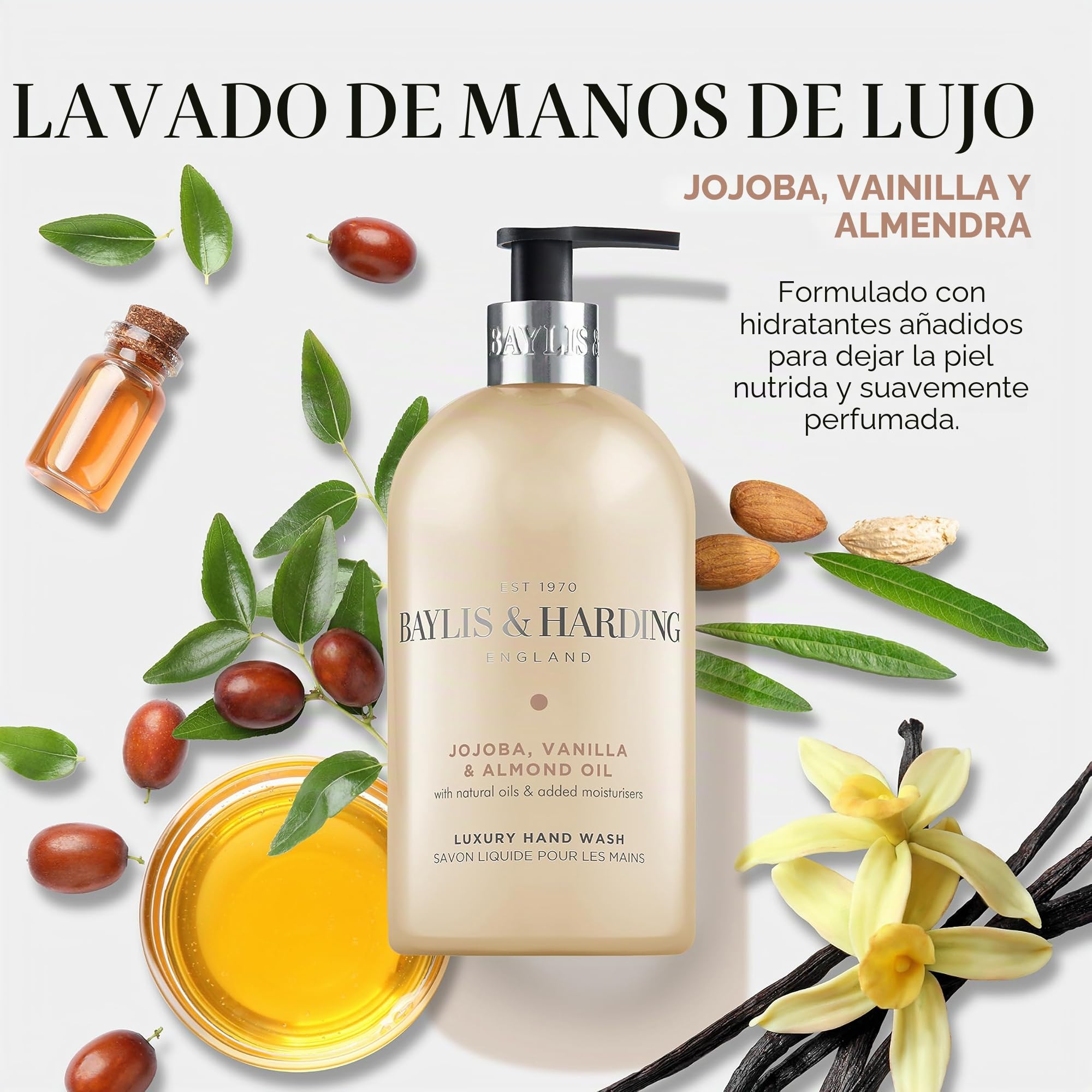 Baylis y Harding Jojoba Seda//Aceite de Almendras, lavar a mano, 500 ml, pack de 3