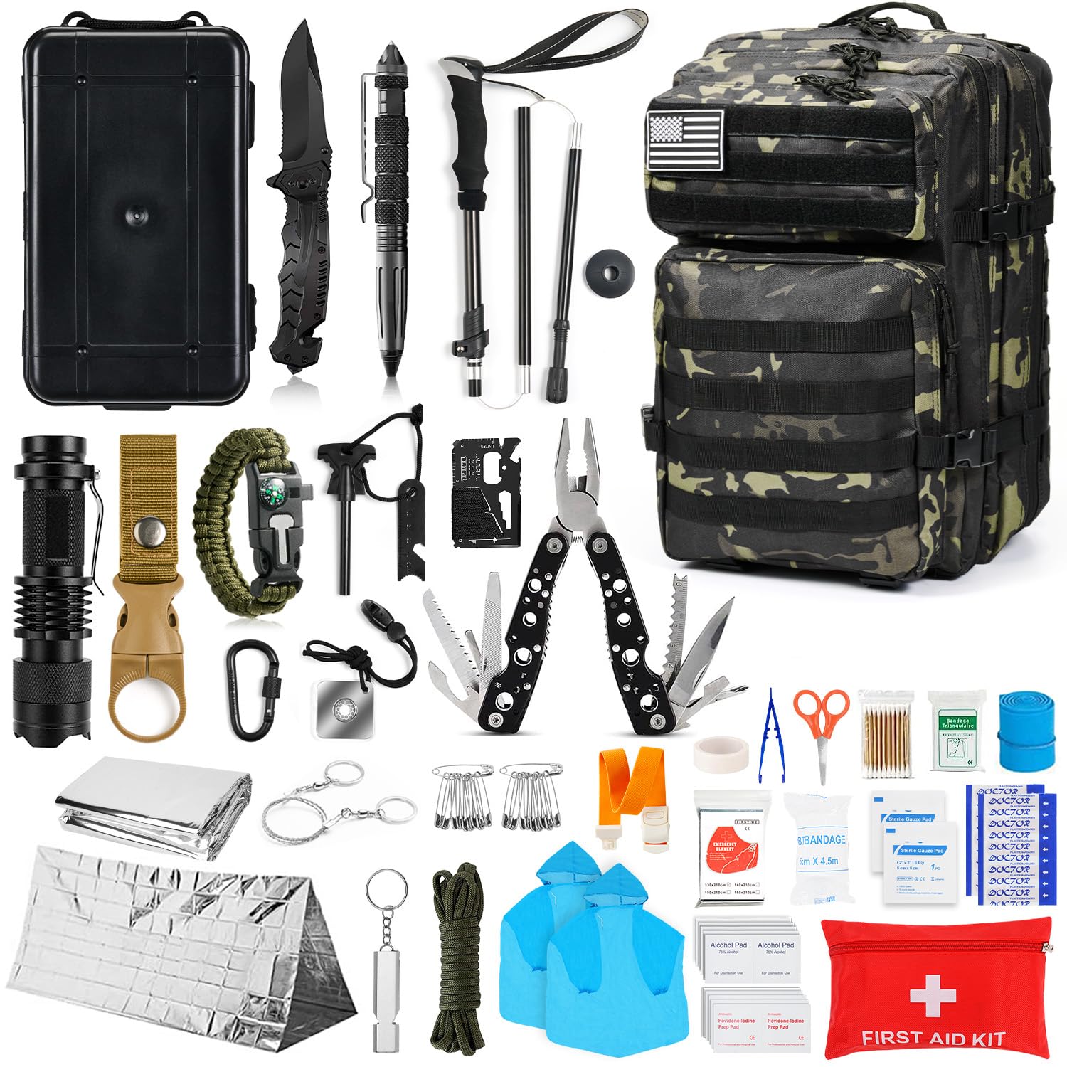 Survival kit and Large Hiking Backpack,Professional Gear with First Aid Kit for Men Camping Outdoor Adventure Accessoires
