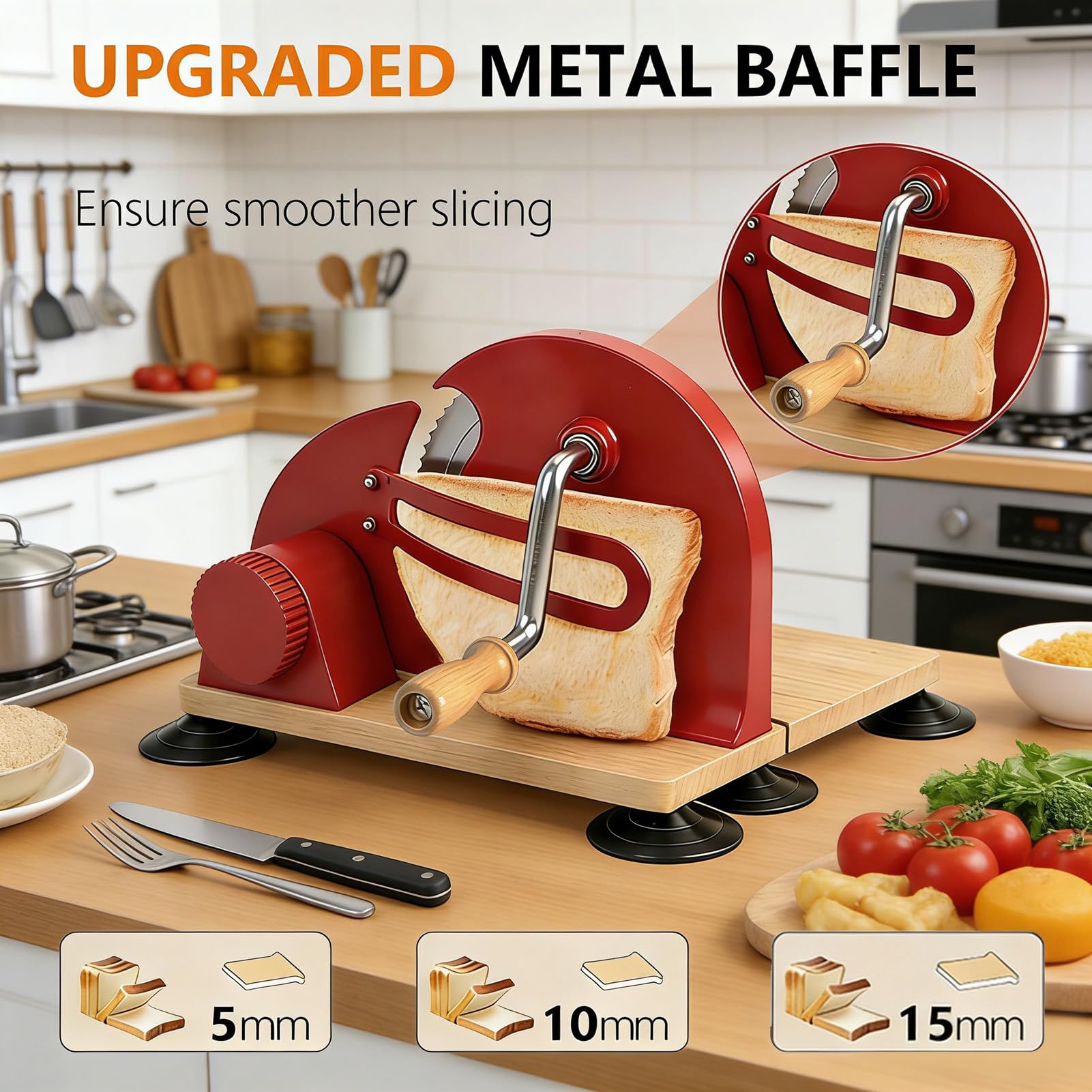 Luocute Manueller Brotschneider, Edelstahlklingen mit Einstellbarer Dicke für Gleichmäßiges Schneiden, mit Ergonomischem Griff für Sauerteig-Sandwiches, Toastbrot, Aufbewahrung von (Rot)