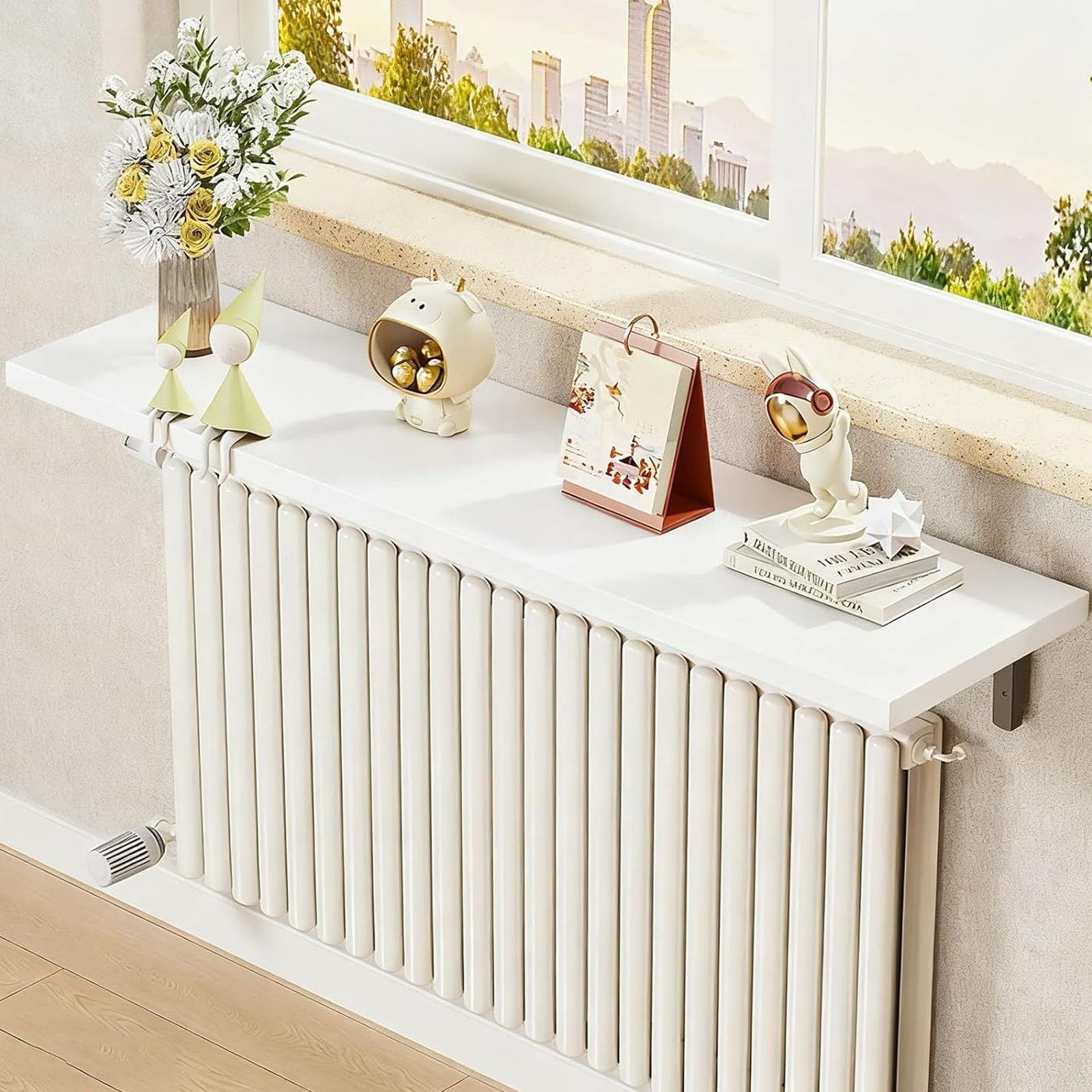 Tablette de radiateur en bois blanc 60x30cm avec support pour salon