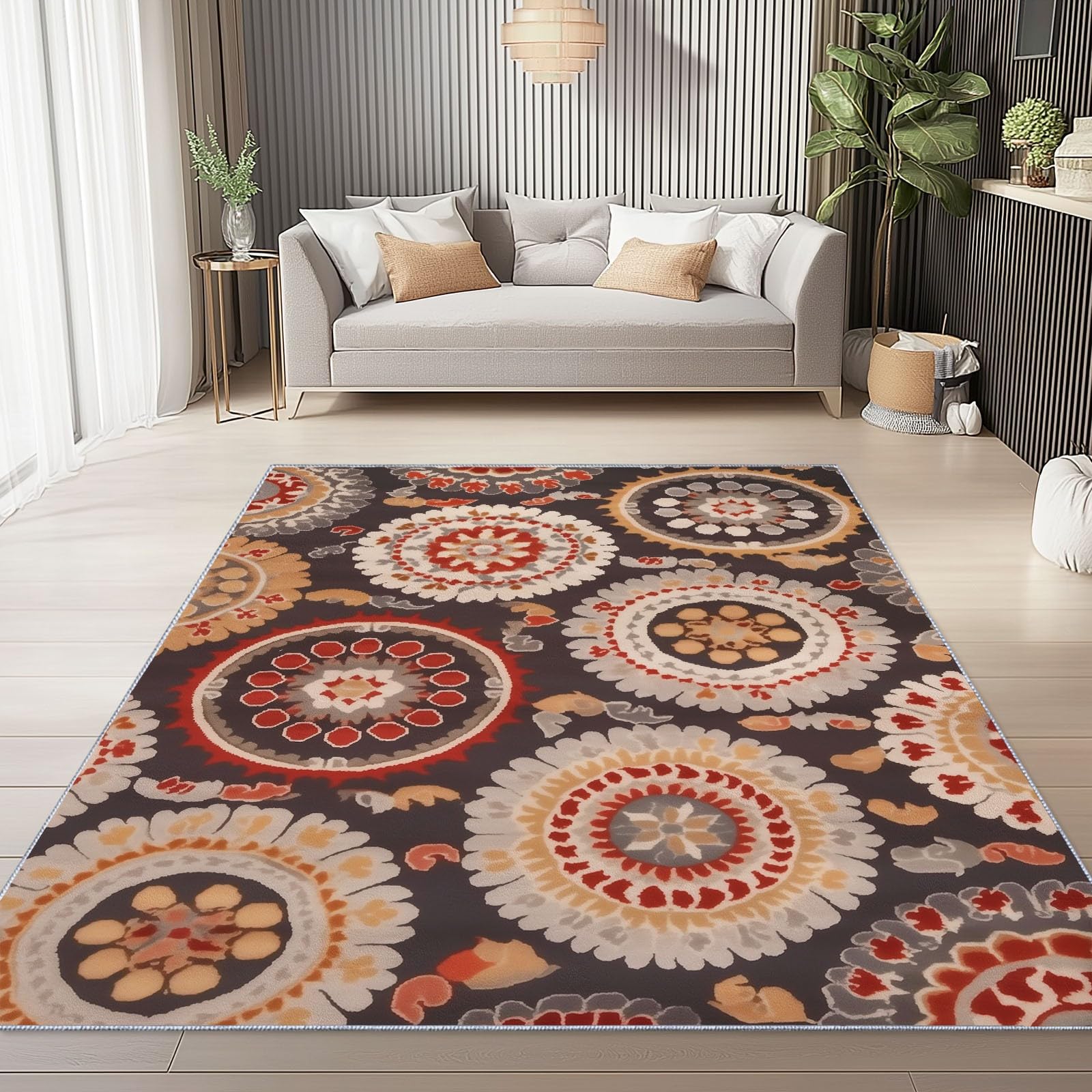 Générique Lavable Tapis Imprimé Marron Foncé - Traditionnel Floral Mandala Motif Moderne Flanelle Antidérapant Tapis, 160 x 230 cm Moquette Décoration pour Salon Chambre Cuisine