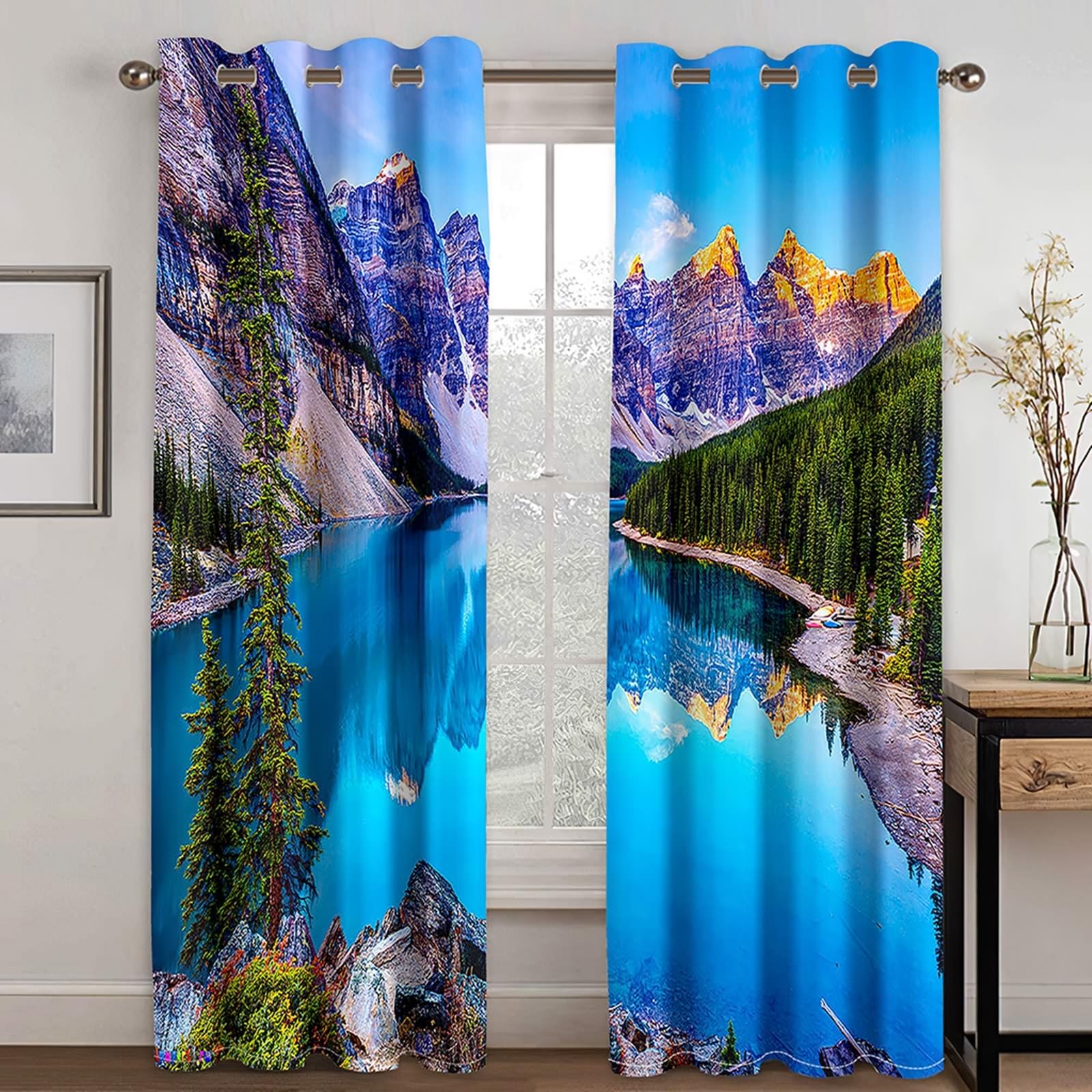Gualiy Thermo Vorhänge 2er Set Ösen, Vorhänge Blickdicht 86x138 Berge See und Wald Vorhang Schlafzimmer Verdunkelung