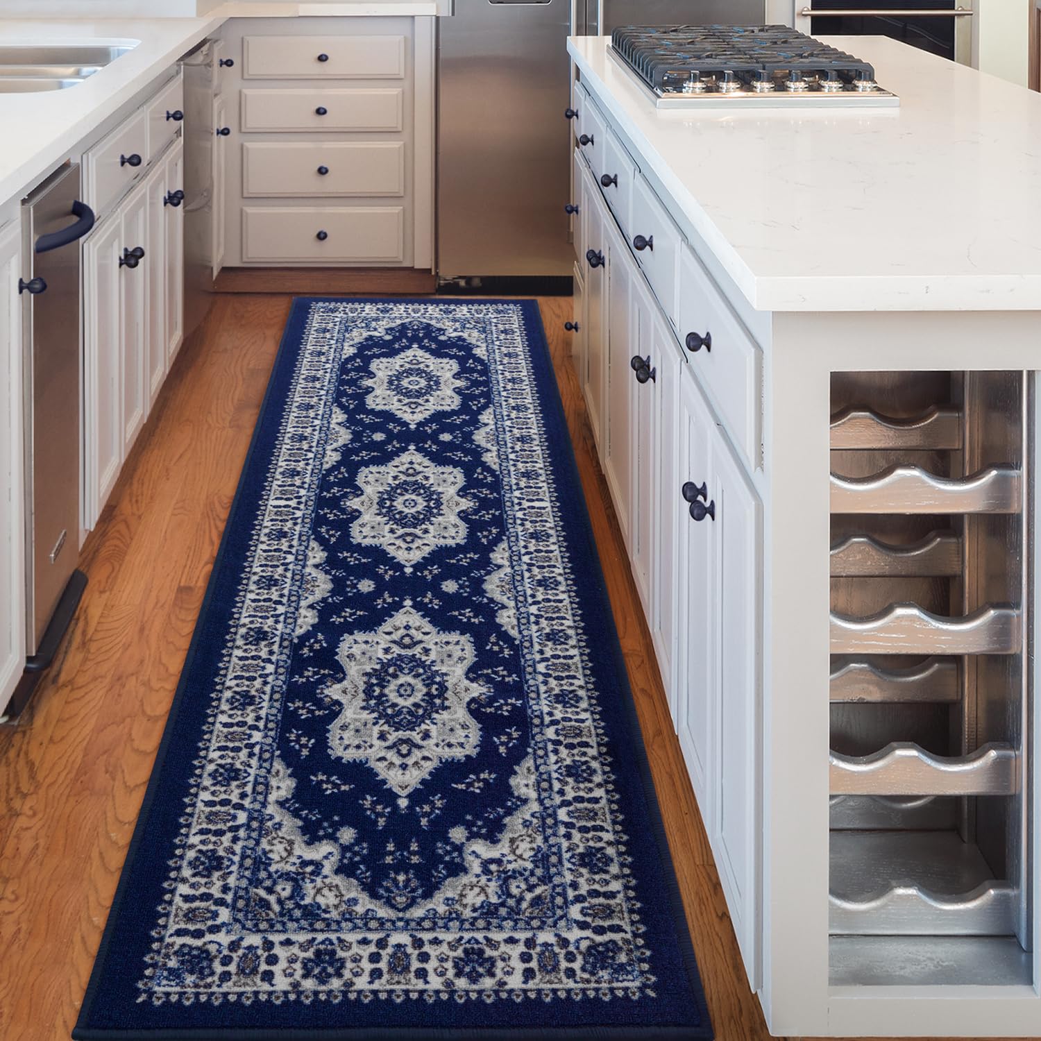 Antep Rugs Alfombras Oriental Traditional 2x7 Non-Skid (Non-Slip) Low Profile Pile Rubber Backing Indoor Runner Rugs (Navy Blue, 2' x 7')