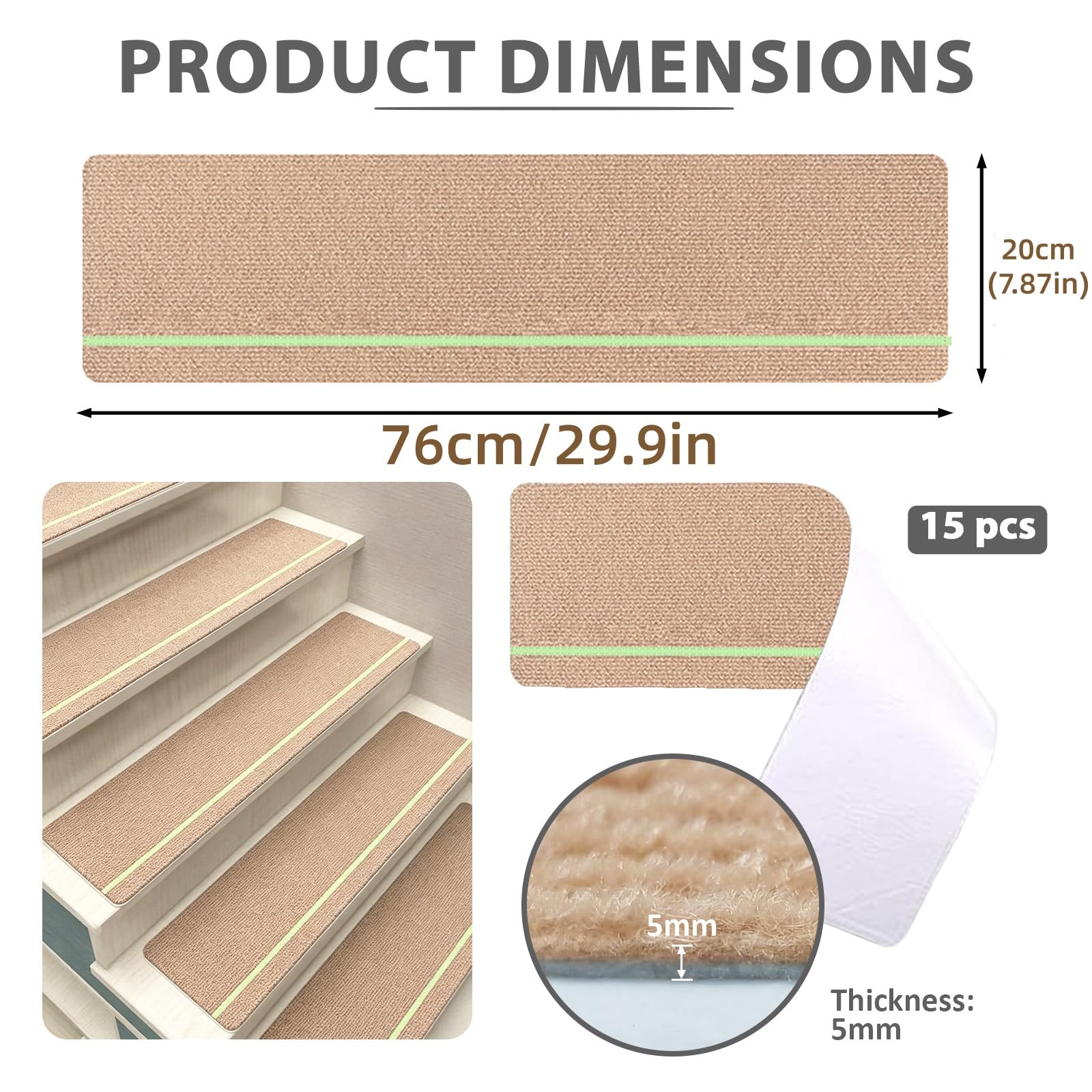 15ps Treppenmatten Matten Antirutsch Selbstklebend mit Glow-Streifen-Beige