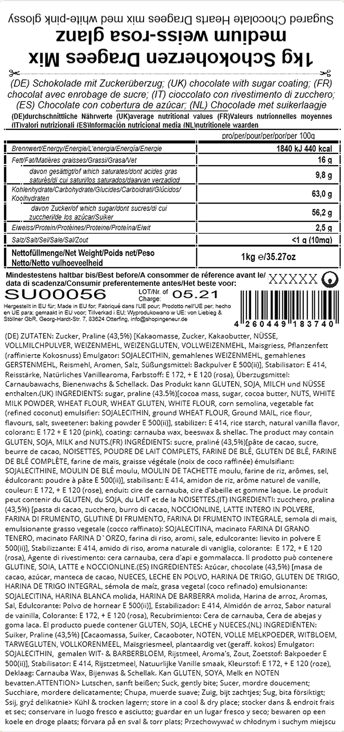 EinsSein 1kg Dragees mariage au chocolat cœur Mix médium blanc-rose brillant - 1,8 cm dragées baptême communion amandes feter et recevoir fêter