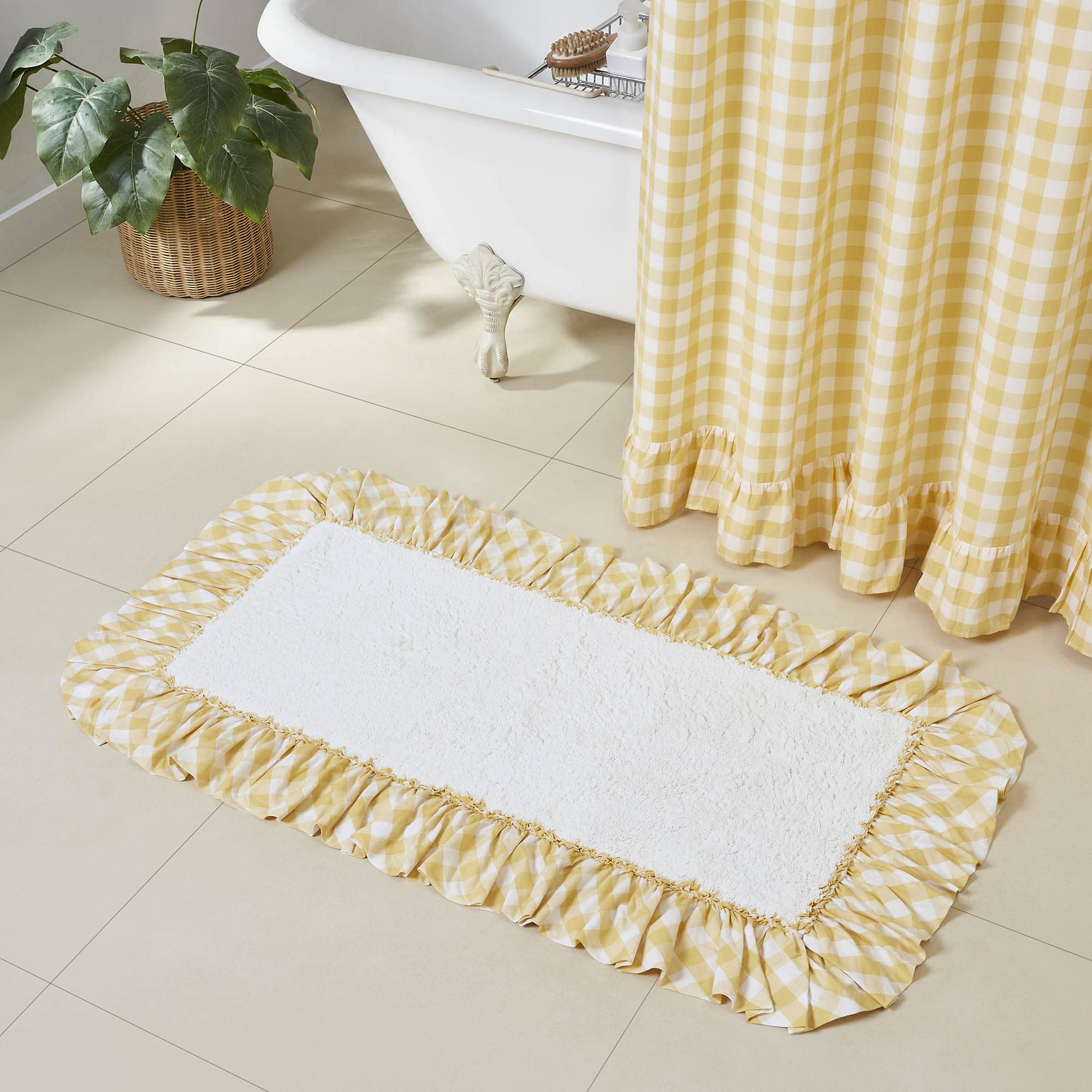 VHC Brands Annie Buffalo Check Farmhouse 27"x48" Bathmat Yellow Ruched Ruffle Cotton Rectangle Bath Decor