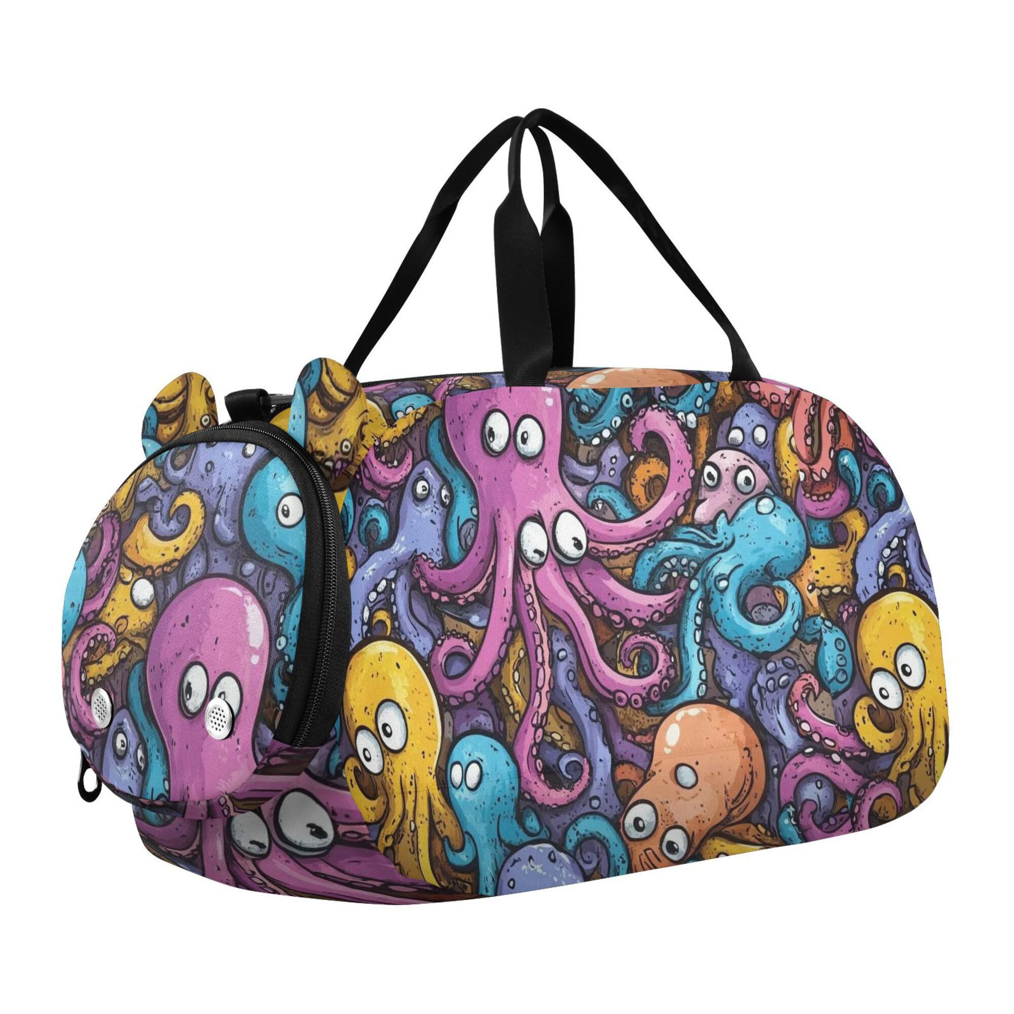 Glaphy Cute Cartoon Octopus Sports Duffle Bag for Teens Girls Boys, Gym Bag with Shoe Compartment, Kids Travel Overnight Weekender Shoulder Bag