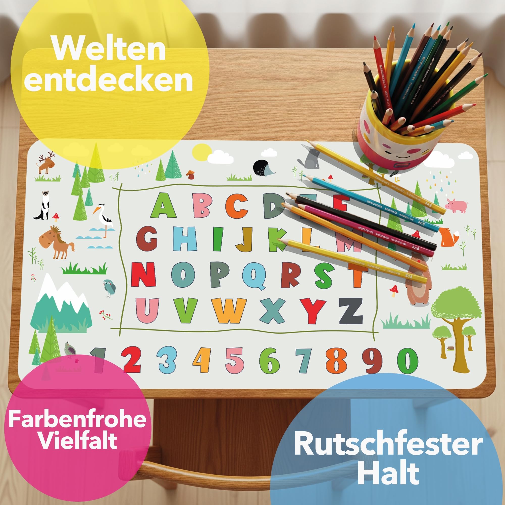Lineo® Alfombrilla de escritorio para niños – Protector de mesa resistente al agua y antideslizante, superficie educativa para escribir, dibujar y estudiar (Abecedario de animales 70x40 cm)