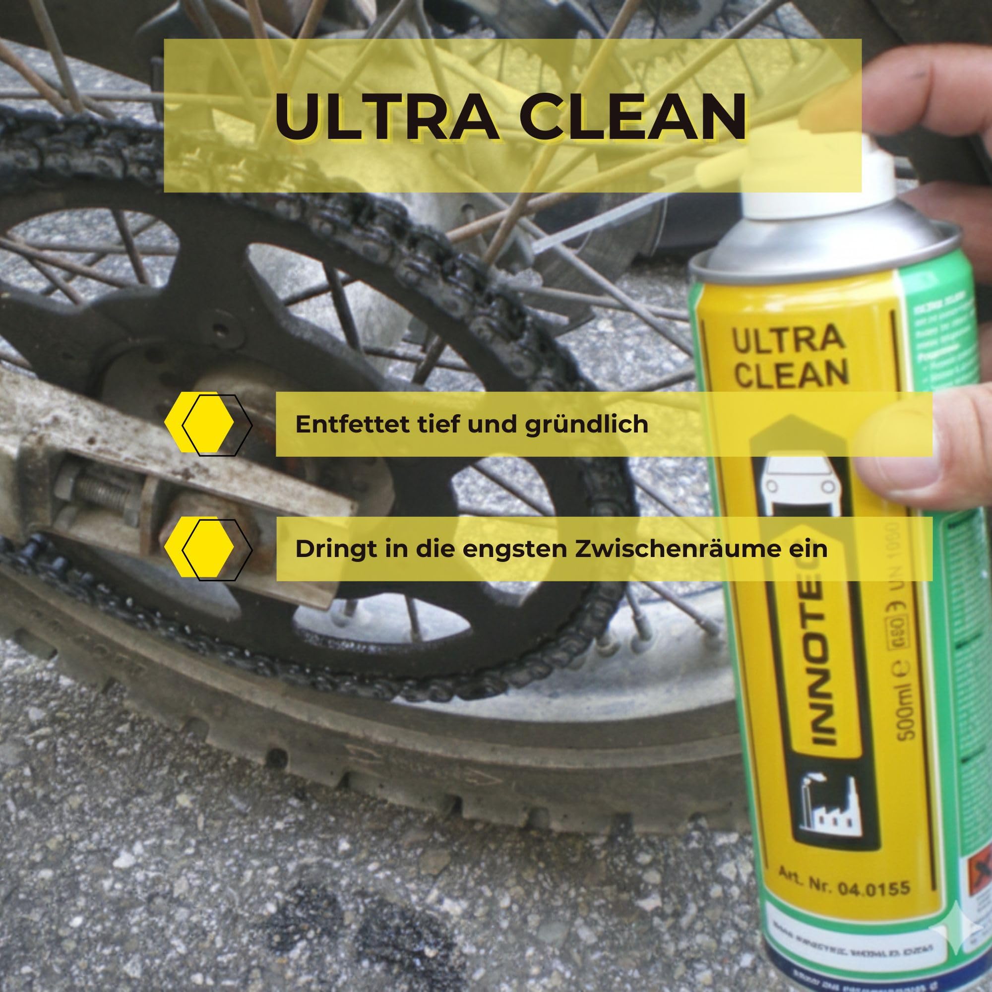 4 Stück INNOTEC Ultra Clean 500 ml Aerosol – Intensivreiniger für KFZ, Industrie und Werkstatt – löst Öl, Fett, Teer, Wachs, Kleber & Schmutz – mit Sprührohr für präzise Anwendung – Premium Qualität
