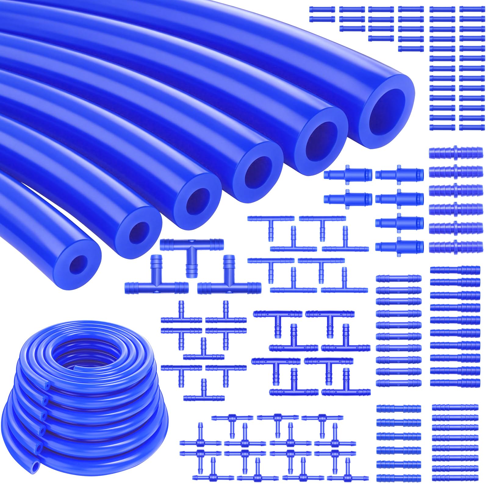Tnisesm 134PCS Vacuum Hose Automotive Kit 5FT,1/8" 5/32" 3/16" 1/4" 5/16" 3/8" Blue Tubings with Color-Matched Connectors 128PCS ID High Performance 130PSI Silicone Vacuum Hose line Kit