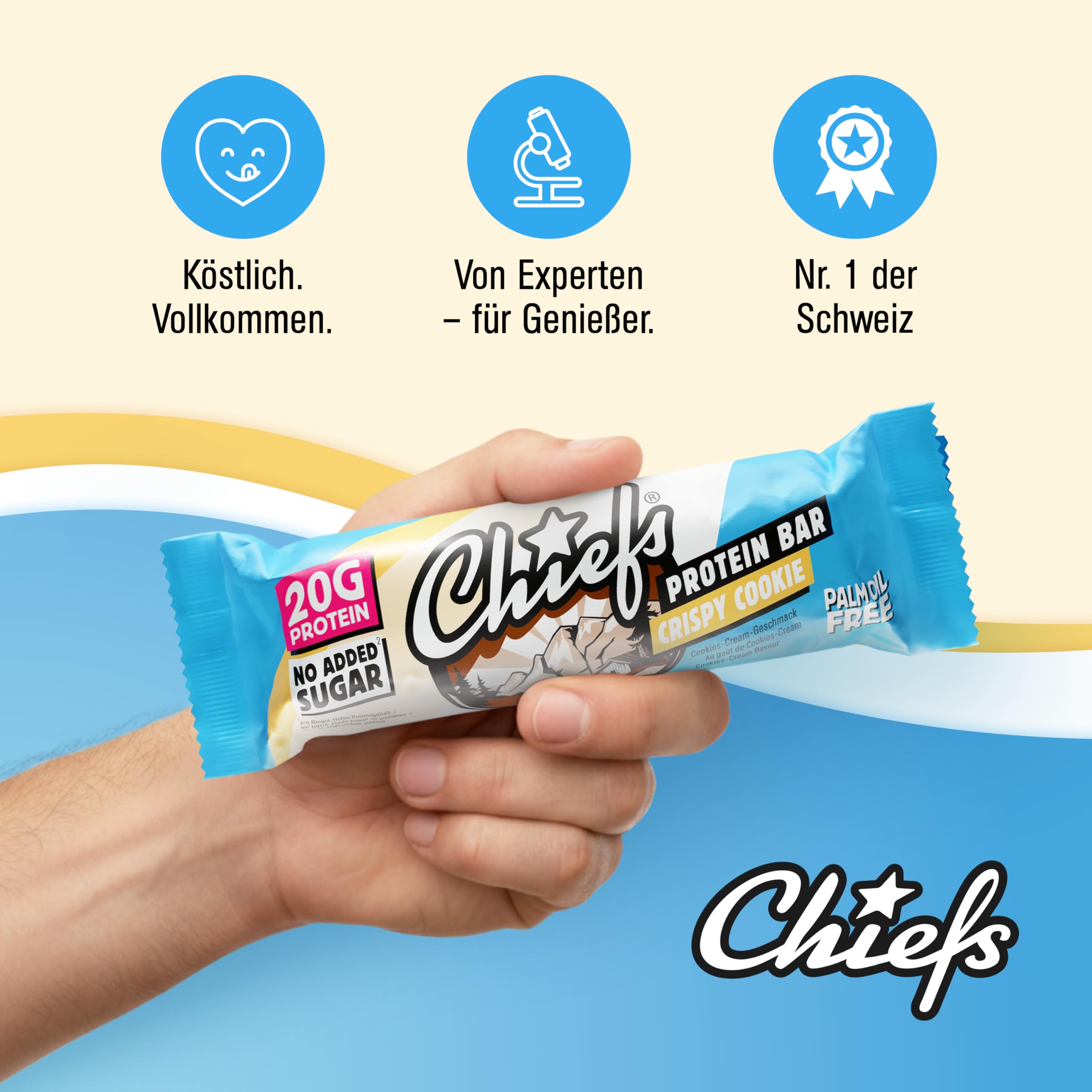 CHIEFS High Protein Riegel - knuspriger Crispy Cookie Geschmack - 12er Box - 20g Protein - perfekte Snacks ohne Zuckerzusatz - Low Sugar - 55g Eiweißriegel ohne Palmöl