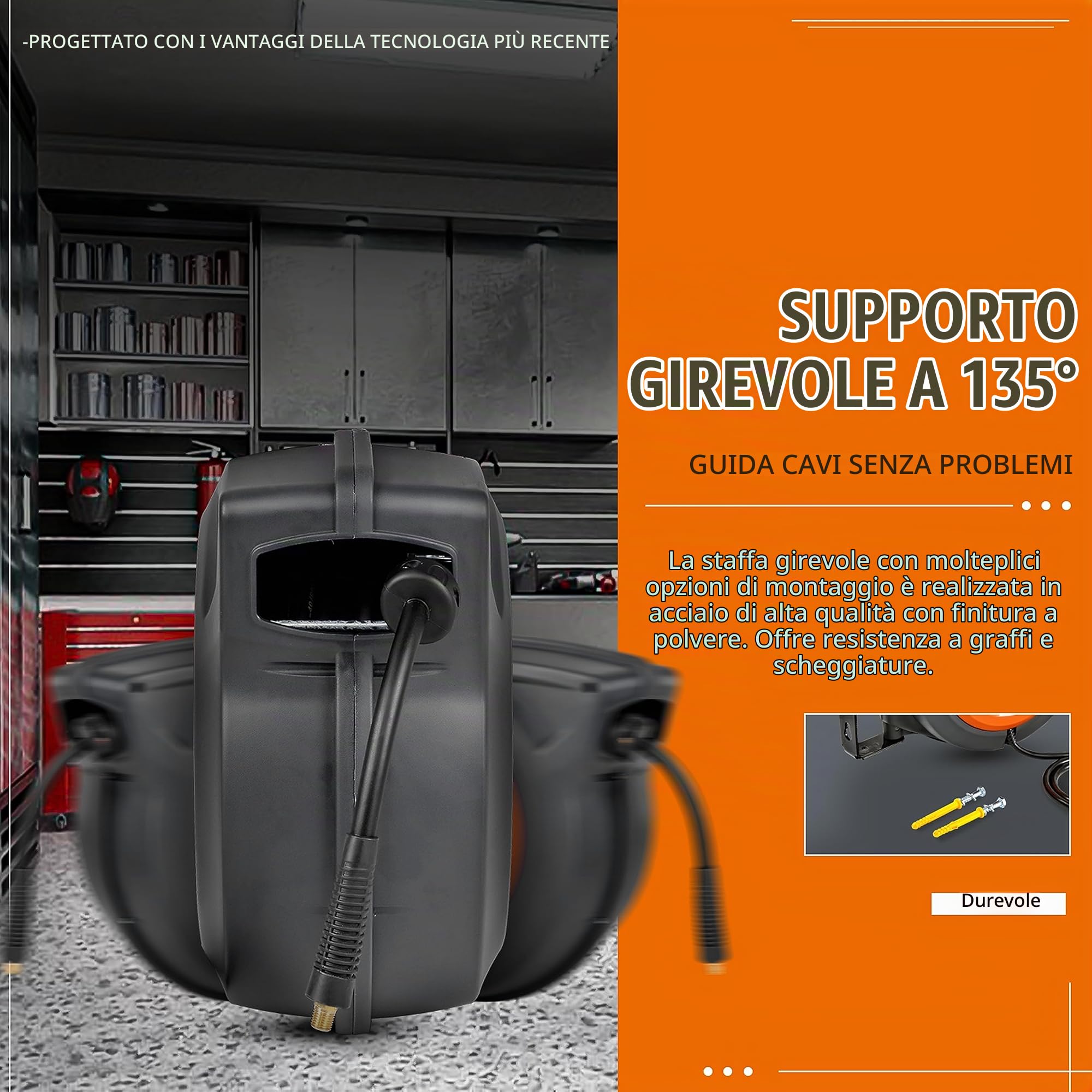 SuperHandy Avvolgitubo Aria Compressa 3/8" x 15m lungo Flex Hybrid Polymer Tubo flessibile 300PSI/20BAR MAX.per uso esterno | Tubo ibrido in polimero; molla di richiamo, corpo in polipropilene, tubo d'ingresso e maniglia PVC per interno/esterno