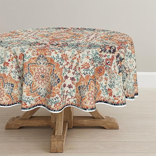 Horaldaily Boho Bohemia Style Tablecloth 70x70 Inch Round, Vintage Country Rustic Farmhouse Magical Fall Orange Washable Seasonal Table Cover for Party Picnic Dinner Decor