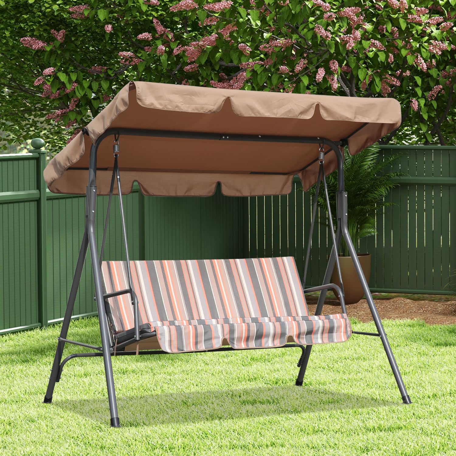 Angel Living Columpio de Jardín de Metal con Parasol Balancín de 3 Asientos con Cojín y Techo Ajustable para Terrza Balcón Exterior Acero Máx. 240kg - 169x110x151cm (Caqui)