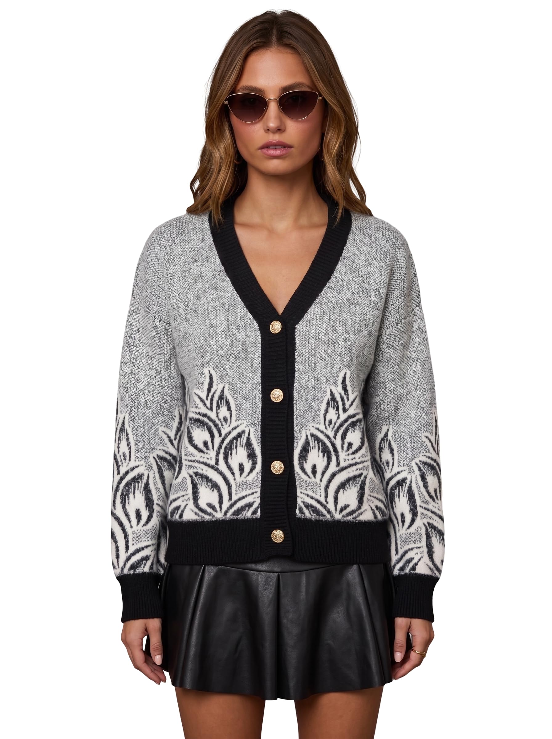 Women's Cardigan Sweater, Knitted Winter Jacket, Floral V Neck Button Down Long Sleeve Soft Knit Cardigan for Women, Grey Black Pattern, Casual Office Wear, Warm Layering, Korean Style-image-9