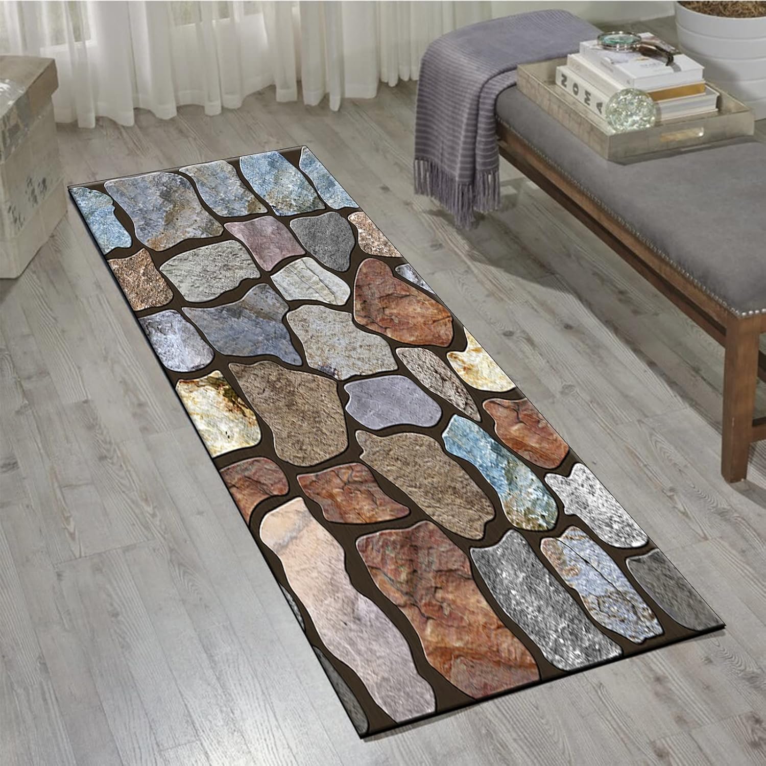 Runner Rug Non Slip 3'4"x25' Modern Colored Seaside Stones and Pebbles Soft Floor Carpet for Kitchen