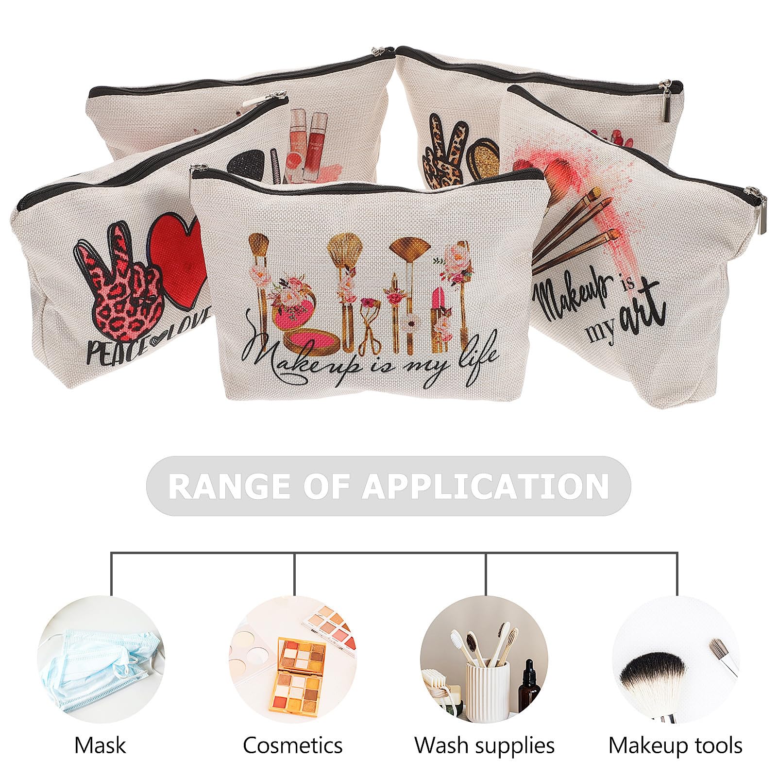 MAGICLULU Bolsa de Maquillaje para Mujer 5 Piezas de Algodón y Lino Cremallera 25x18 Cm Organizador Cosméticos Viaje Neceser Portátil para Exterior y Aseo Personal