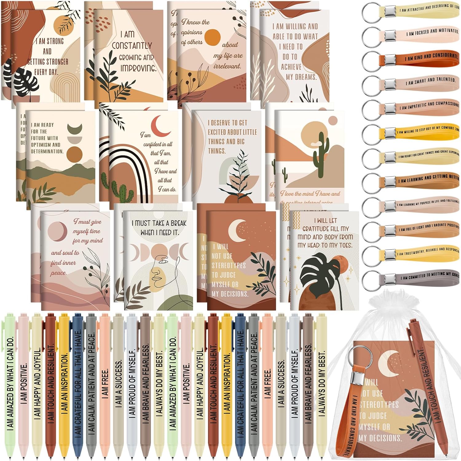 Mooliwe 72 Pcs/24 Set Positive Affirmation Gift Set Gratitude Notebooks with Affirmation Pens Keychains Small Bags Motivational Notepads for Women Coworkers Christmas Adult Party Favors(Boho)