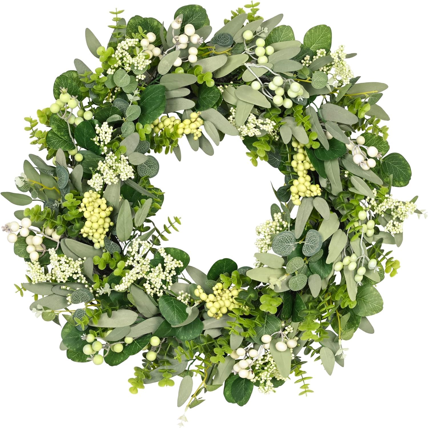 Green Eucalyptus Leaves Front Door Wreath, Vlorart 24 Inch Artificial Spring Summer Greenery Wreath Front Door Decoration Boxwood with Big Berries Farmhouse Outdoor Year-Round - Indoor/Outdoor