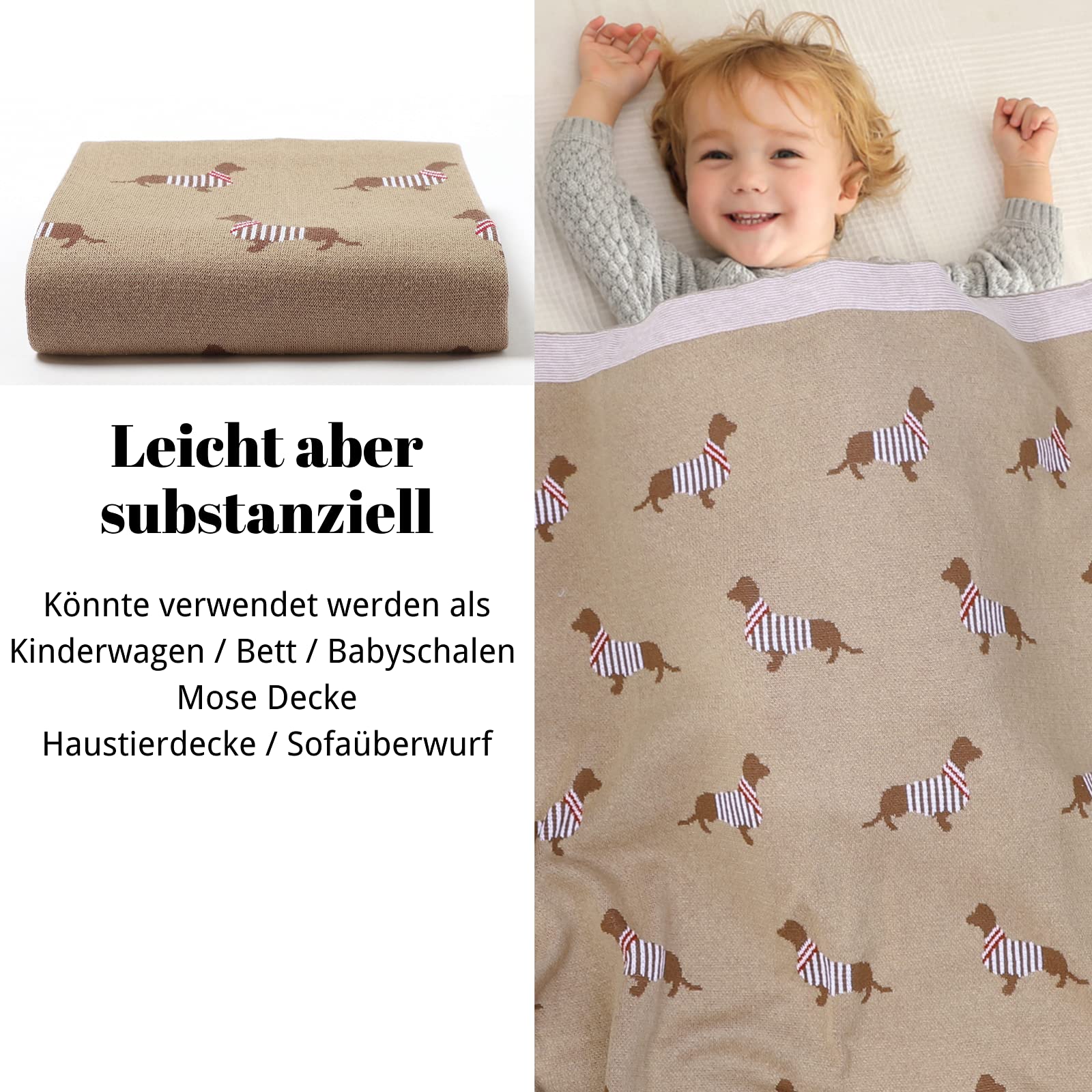 LAWKUL Babydecke 100% Baumwolle Weich Gestrickt Babydecken für Neugeborene Jungen Mädchen Dackel Wursthund 100x80cm Khaki