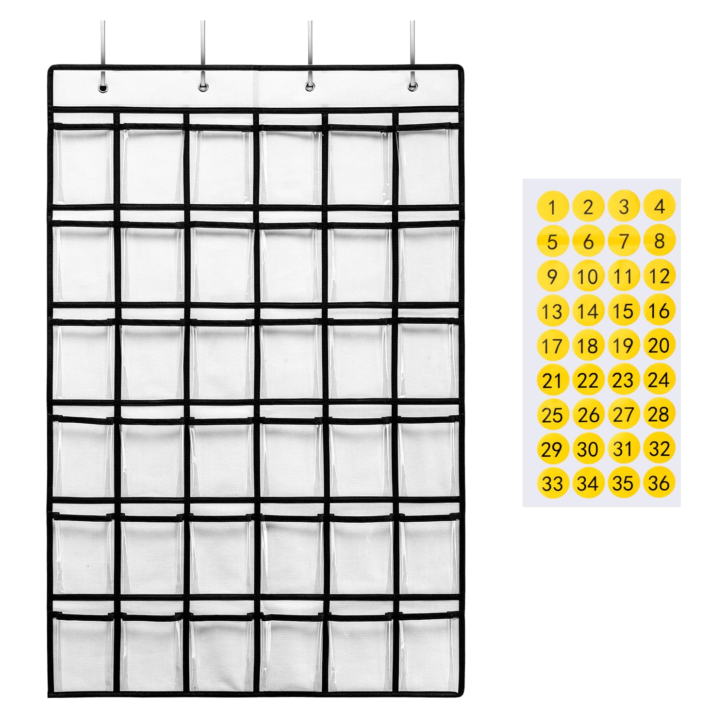 36 Clear Pockets Classroom Pocket Chart for Cell Phones, Pocket Chart for Calculator Phone Holder with 36 Number Stickers and Hooks (White)